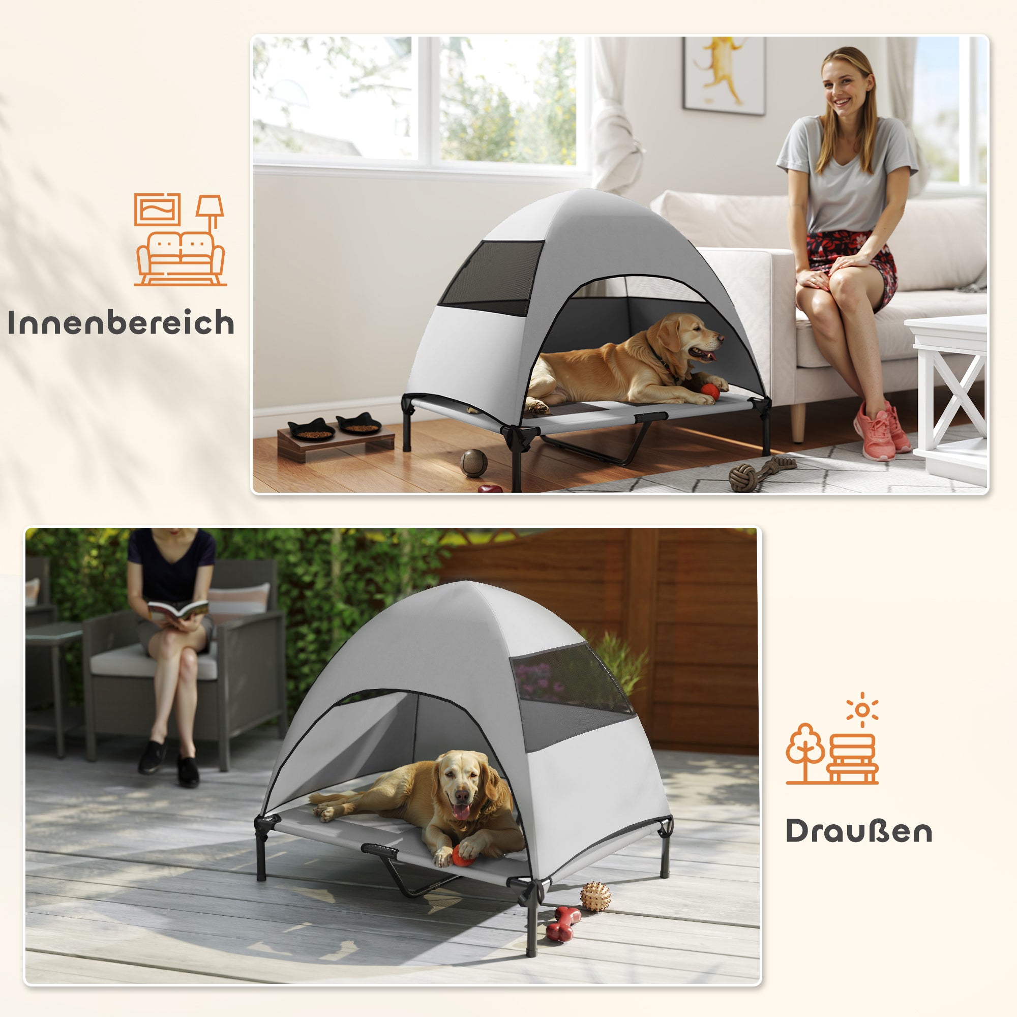 Outdoor Dog Bed with Canopy, Elevated Pet Cot for Large Dogs, Cooling Pet Lounger with Washable Mesh Metal Frame Carry Bag, Pet Bed for Outdoor Camping 91x76x90cm, Light Gray