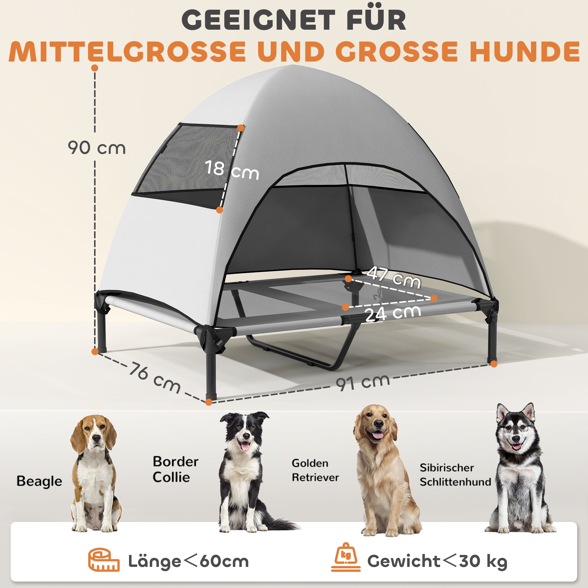 Outdoor Dog Bed with Canopy, Elevated Pet Cot for Large Dogs, Cooling Pet Lounger with Washable Mesh Metal Frame Carry Bag, Pet Bed for Outdoor Camping 91x76x90cm, Light Gray