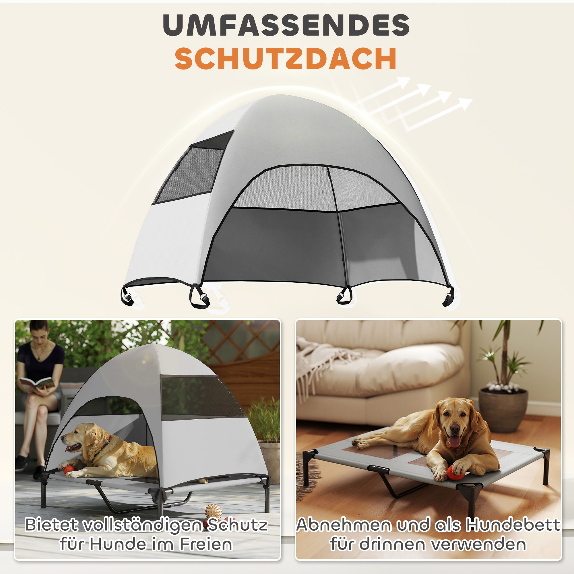 Outdoor Dog Bed with Canopy, Elevated Pet Cot for Large Dogs, Cooling Pet Lounger with Washable Mesh Metal Frame Carry Bag, Pet Bed for Outdoor Camping 91x76x90cm, Light Gray