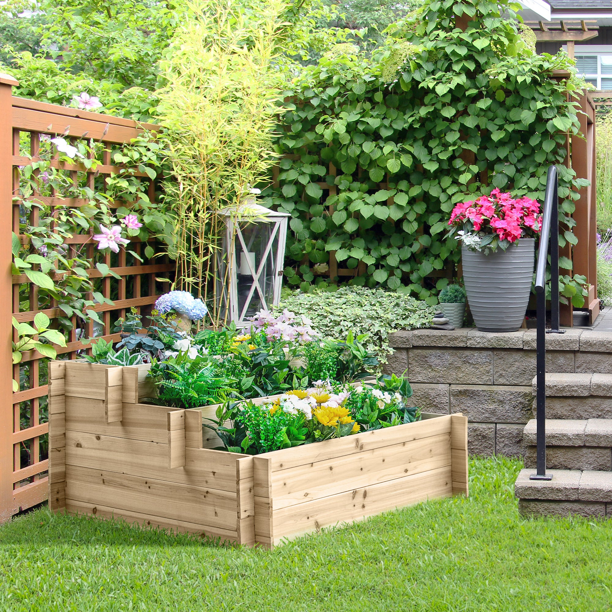 3-Tier Wooden Garden Planter, Raised Outdoor Planter Bed for Flowers, Vegetables, and Herbs, 120x100x54cm