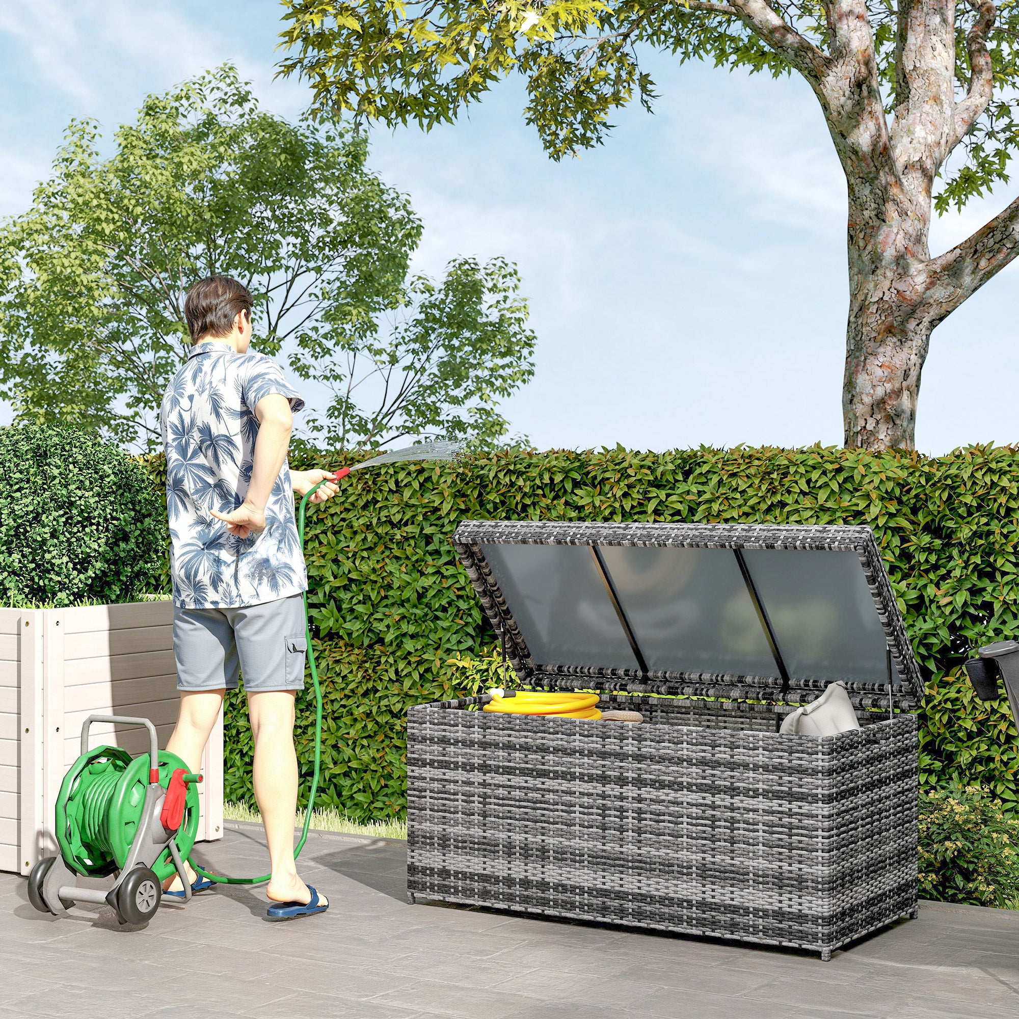 Rattan Cushion Box 380L Weatherproof Storage Box with Lid Built-in Handle Storage UV-resistant Garden Box Side Table Garden Chest for Garden Balcony 130x61x65 cm Dark Gray