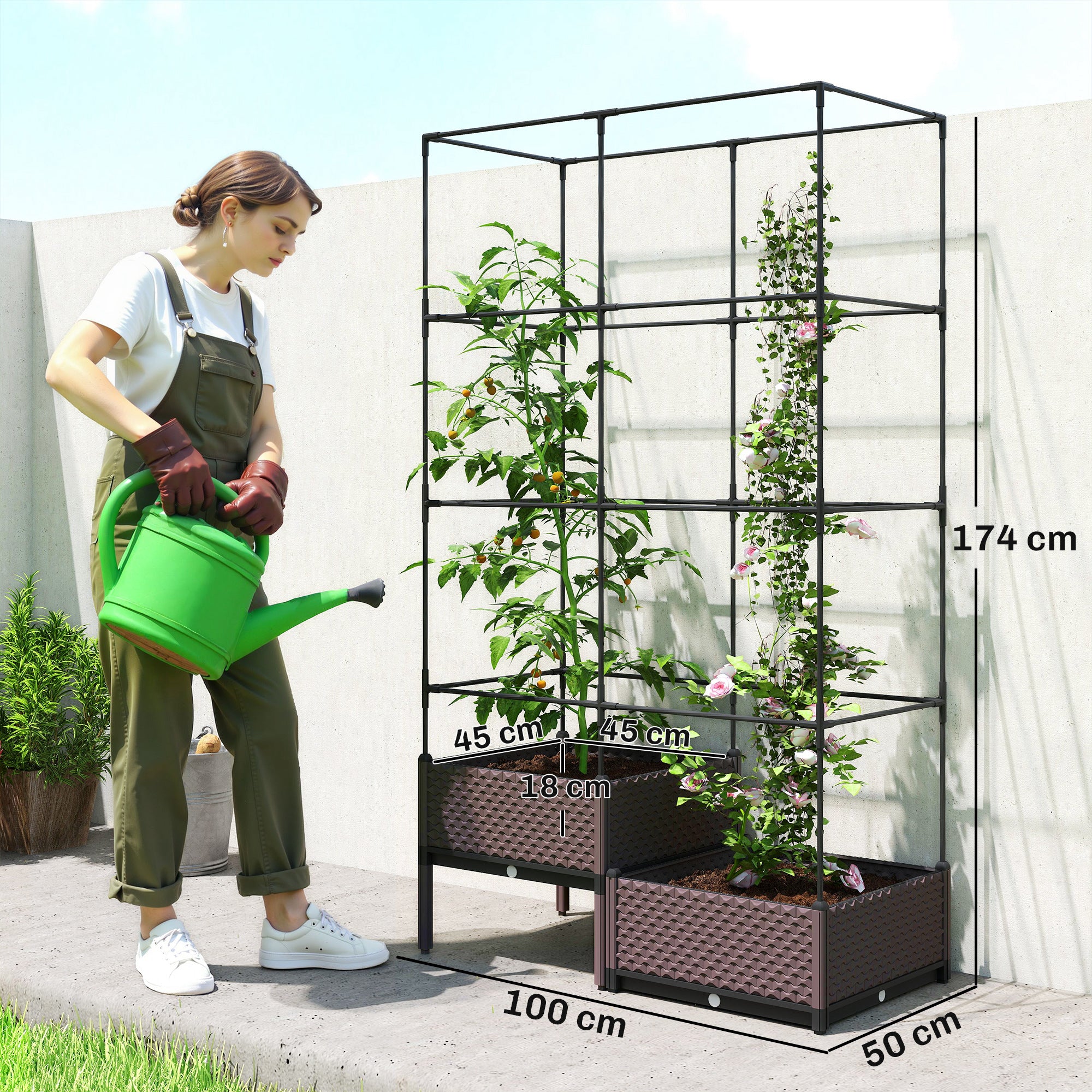Metal Trellis Planter — Large Outdoor Raised Planter for Climbing Plants, 2 PP Planter Boxes with Drainage & Plugs, Elevated Patio Garden Bed, 39.4 x 19.7 x 68.5 in, Black