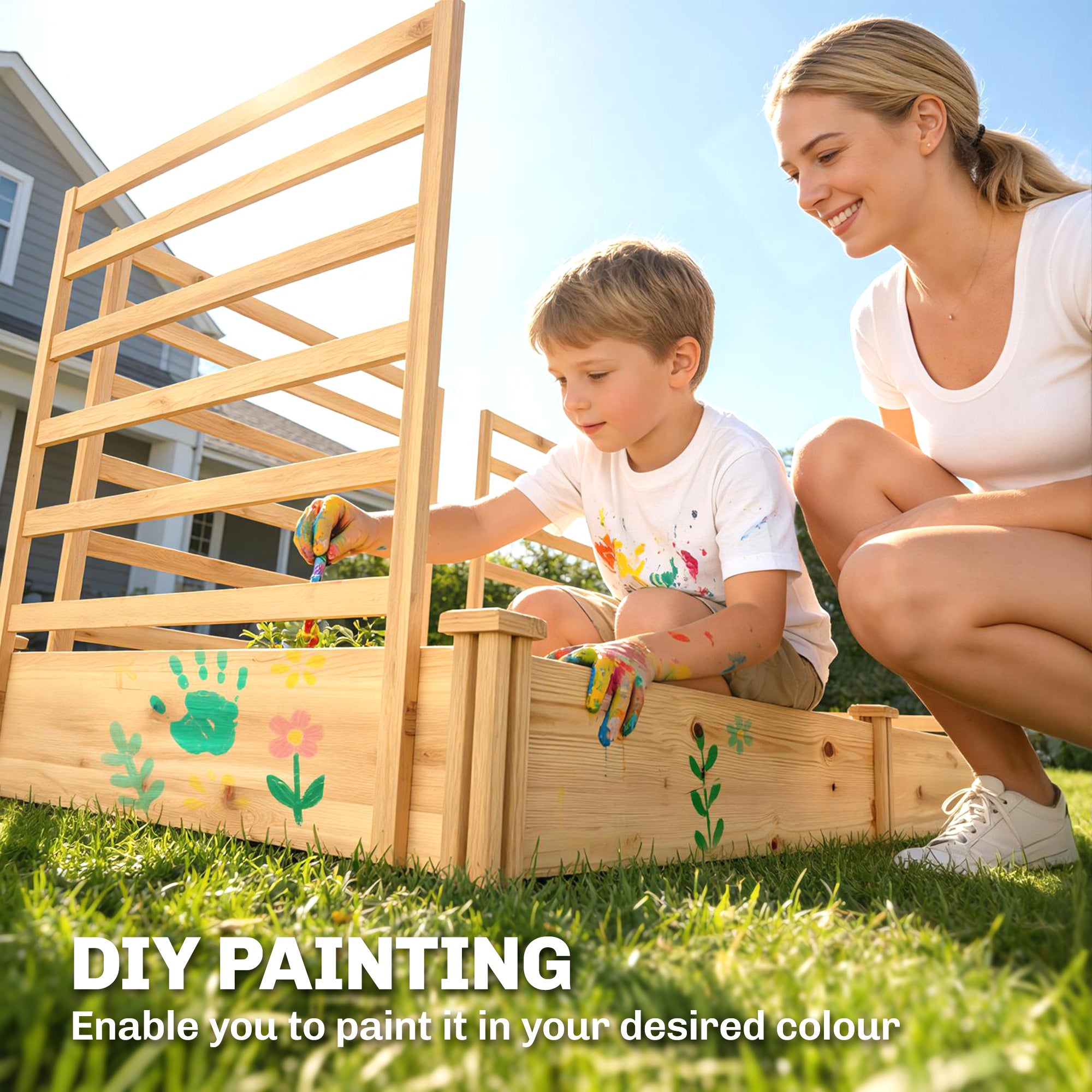 Raised Wooden Planter with 3 Trellises, Double Beds & Open Base — 240 x 125 x 102 cm (94.5" x 49.2" x 40.2") — Natural Pine