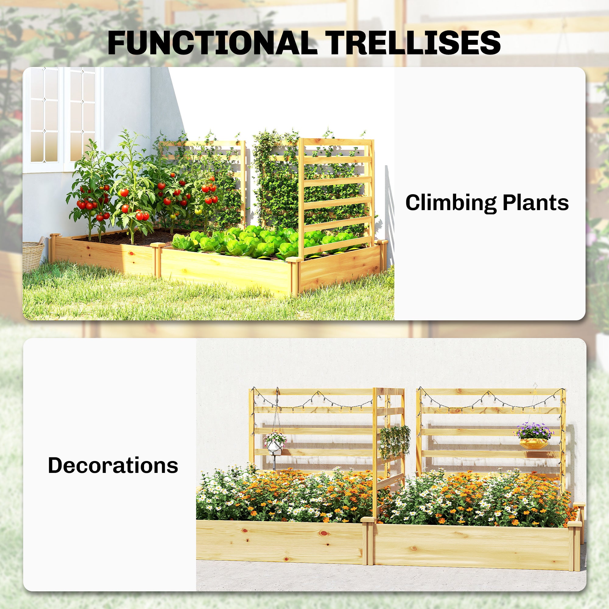 Raised Wooden Planter with 3 Trellises, Double Beds & Open Base — 240 x 125 x 102 cm (94.5" x 49.2" x 40.2") — Natural Pine