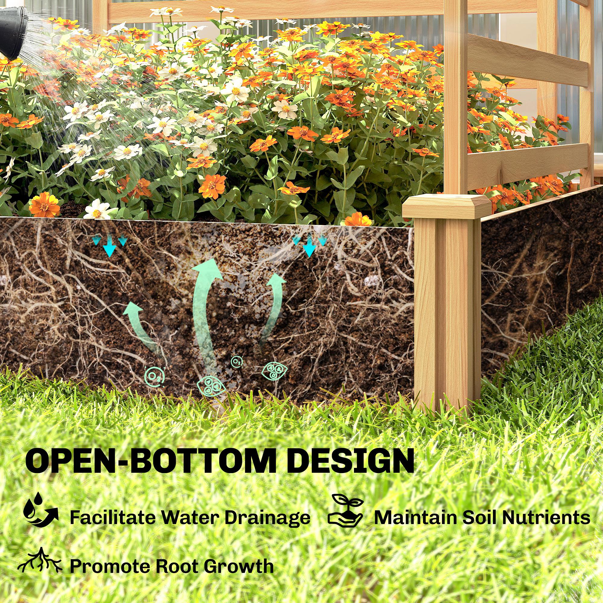 Raised Wooden Planter with 3 Trellises, Double Beds & Open Base — 240 x 125 x 102 cm (94.5" x 49.2" x 40.2") — Natural Pine