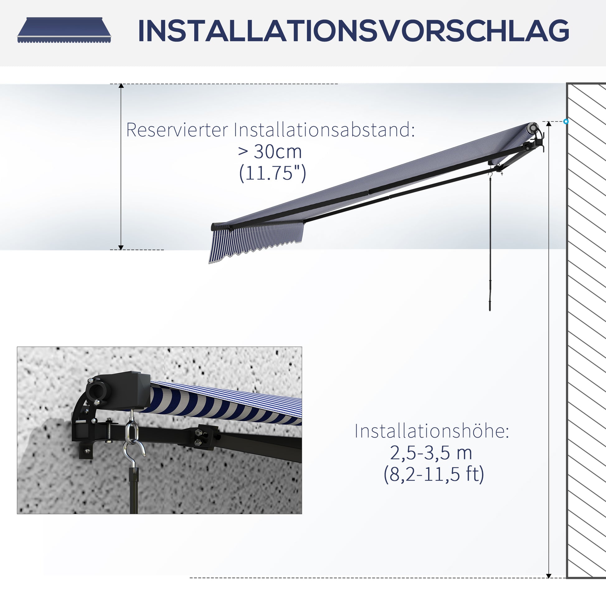 Retractable Patio Awning with Hand Crank, 400 x 300 cm, UV30+ Sun Awning Patio Awning with 45-85° Angle, Balcony Awnings with Waterproof Coating, Wall Mount, Blue+White