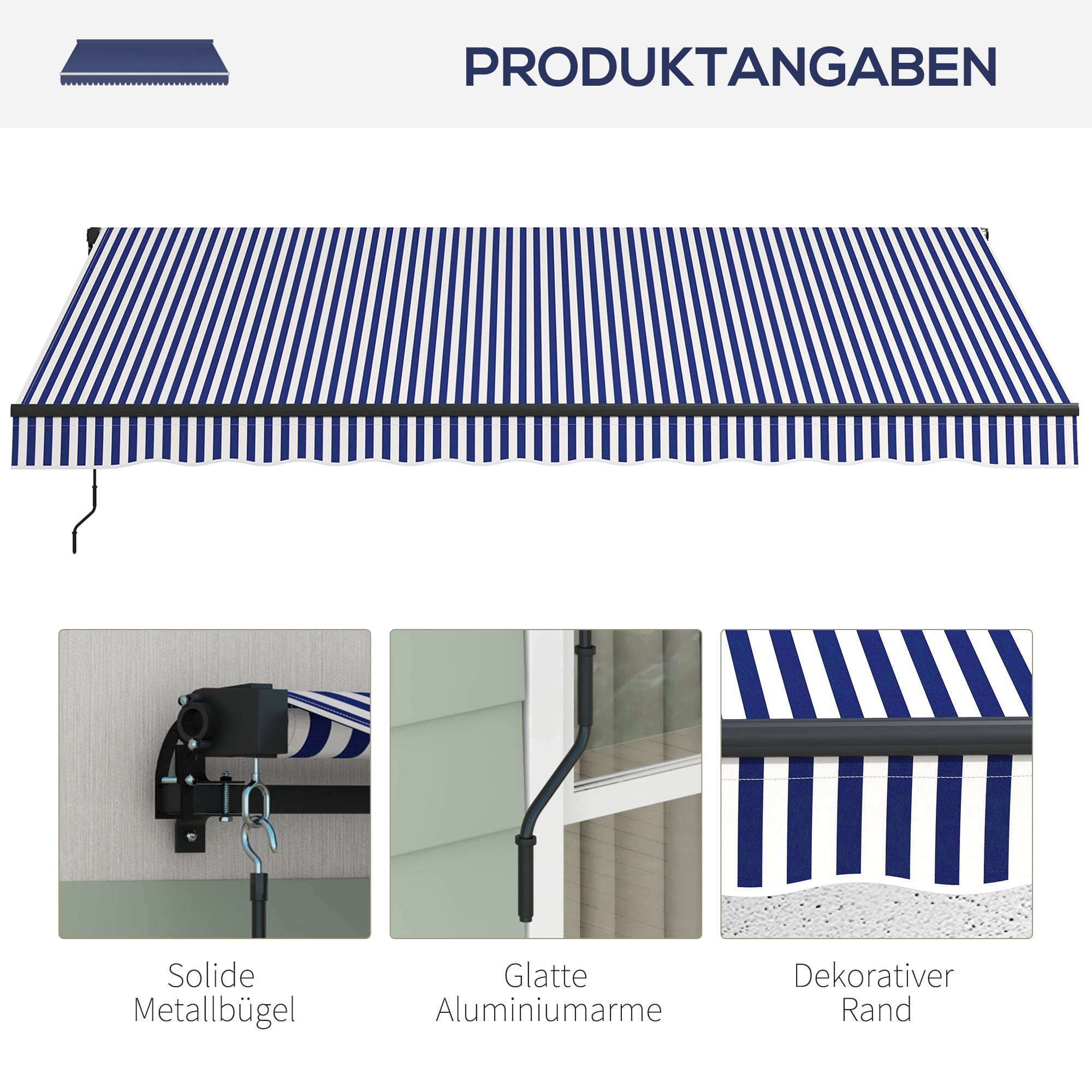 Retractable Patio Awning with Hand Crank, 400 x 300 cm, UV30+ Sun Awning Patio Awning with 45-85° Angle, Balcony Awnings with Waterproof Coating, Wall Mount, Blue+White