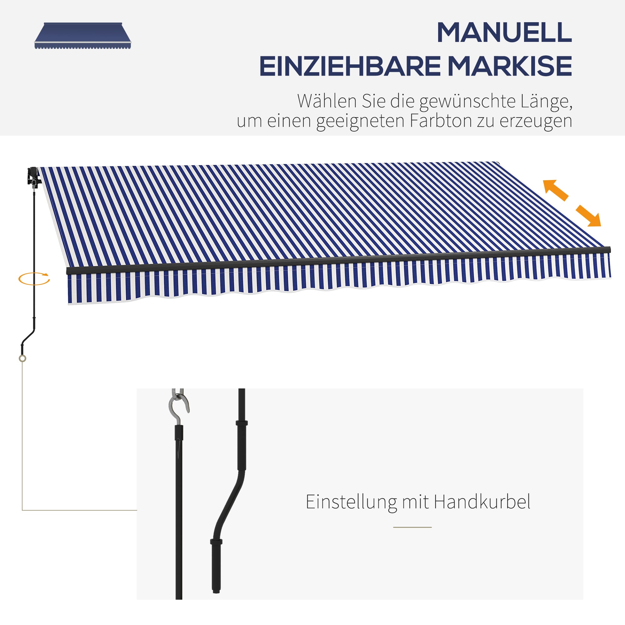 Retractable Patio Awning with Hand Crank, 400 x 300 cm, UV30+ Sun Awning Patio Awning with 45-85° Angle, Balcony Awnings with Waterproof Coating, Wall Mount, Blue+White