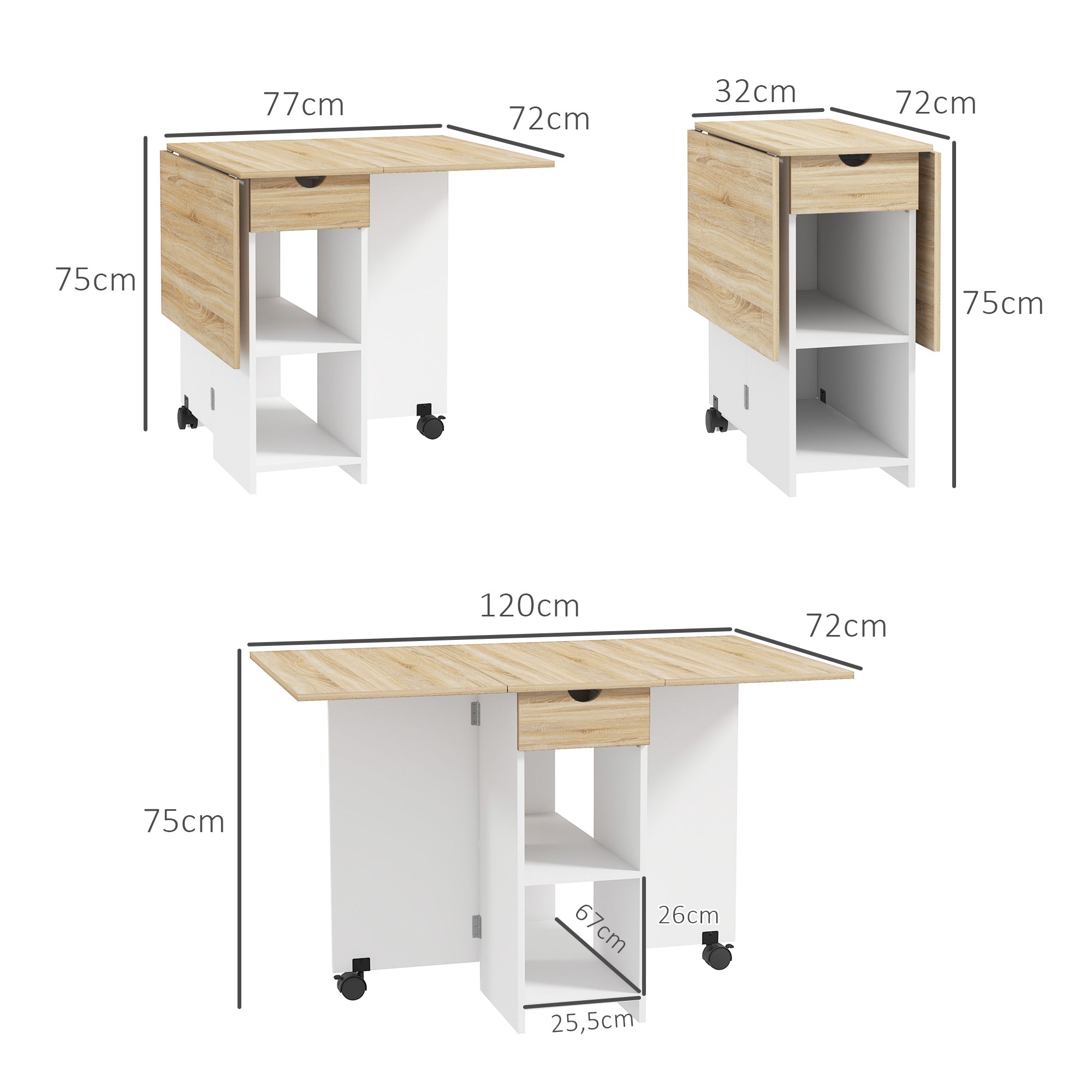 Folding Dining Table, Extendable Kitchen Table, for 2 to 4 People, with 2 Side Flaps, for Small Spaces, Rectangular, Modern Design, Oak