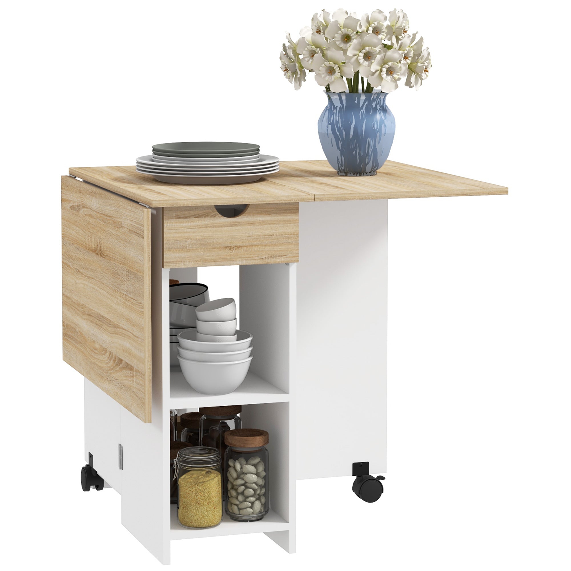 Folding Dining Table, Extendable Kitchen Table, for 2 to 4 People, with 2 Side Flaps, for Small Spaces, Rectangular, Modern Design, Oak