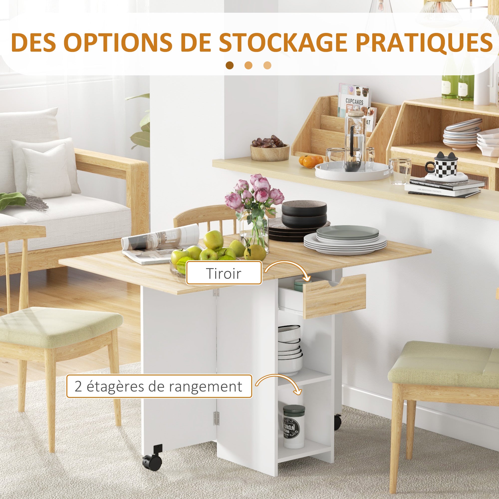 Folding Dining Table, Extendable Kitchen Table, for 2 to 4 People, with 2 Side Flaps, for Small Spaces, Rectangular, Modern Design, Oak