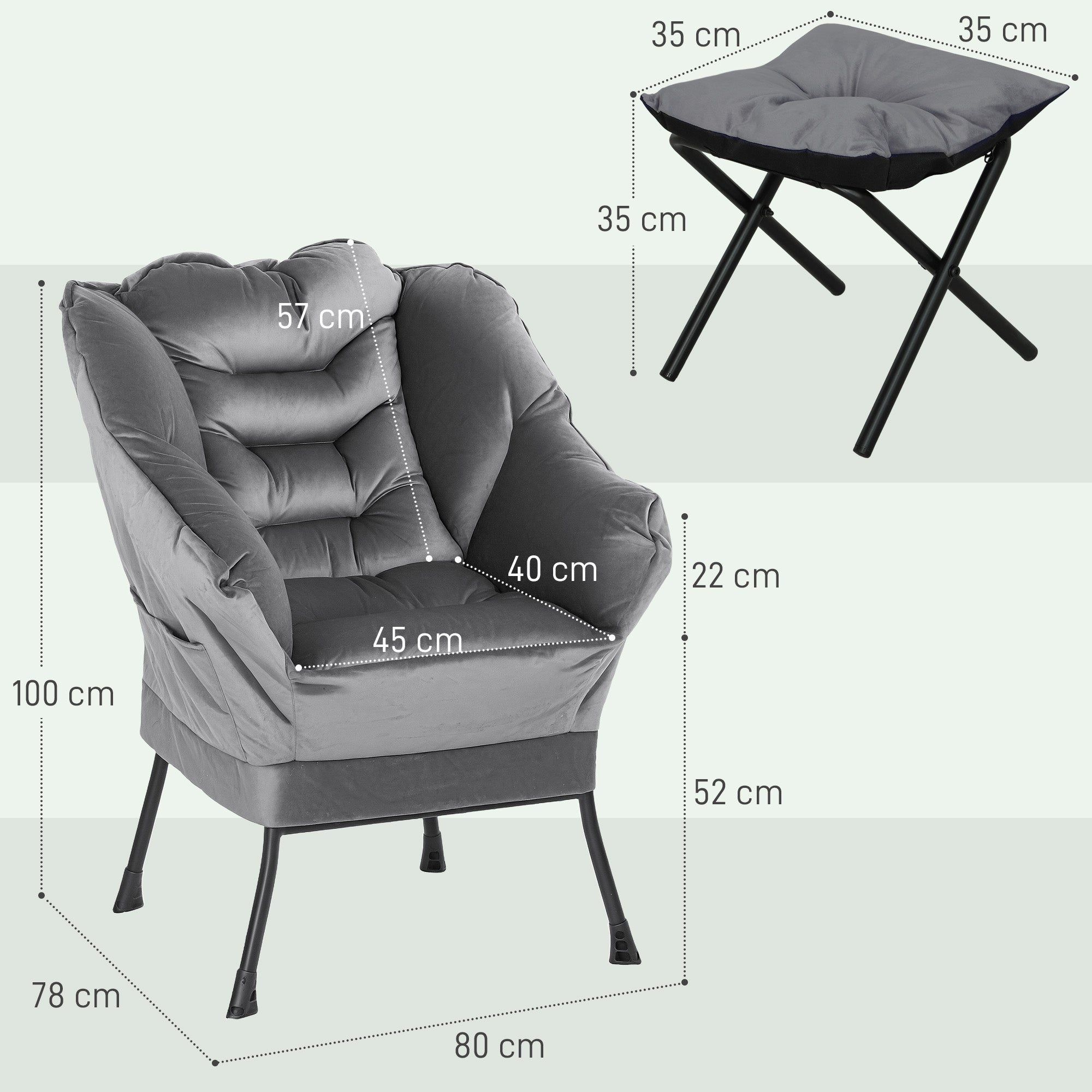 Armchair Set with Footrest for Living Room, Armchair with Backrest, Armrests, and 2 Side Pockets in Velvet Effect Fabric, PP Cotton, and Steel, 80x78x100 cm, Gray