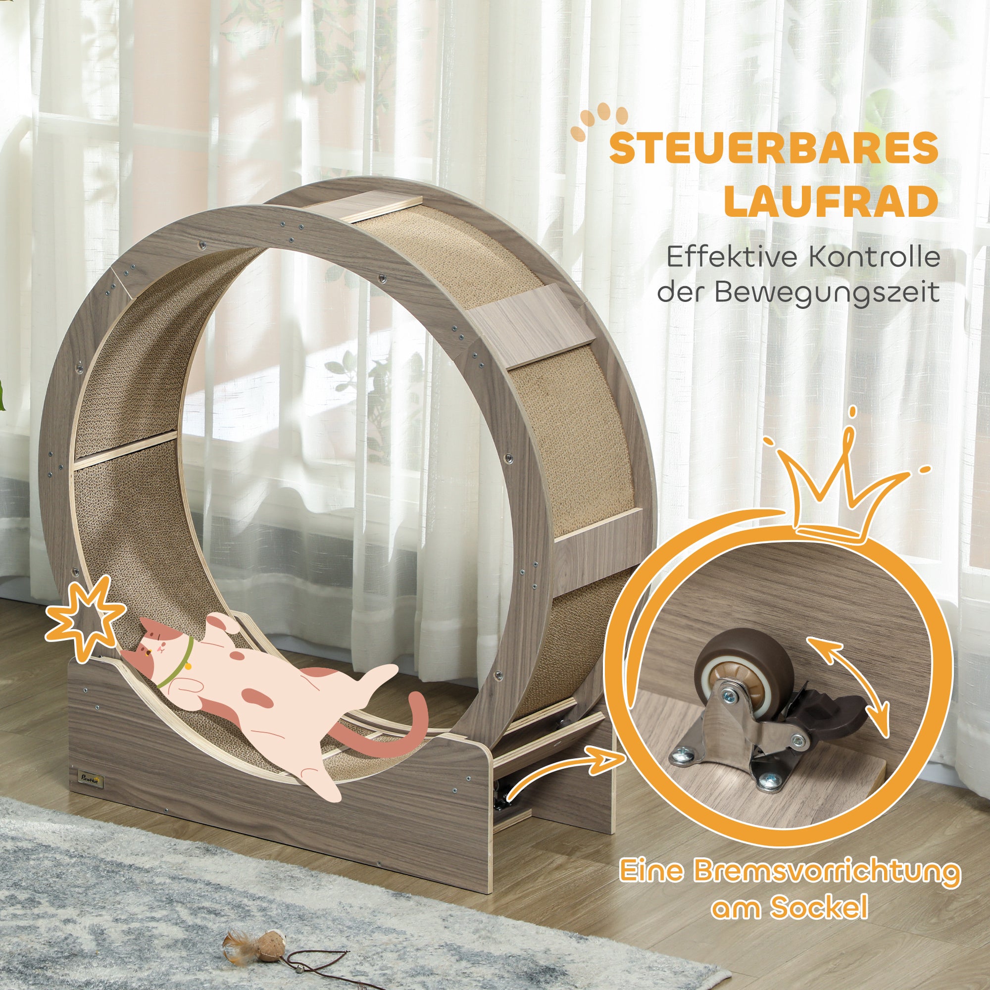 Cat Exercise Wheel 91 cm Diameter Cat Wheel with Brake Treadmill Scratching Pad, Cat Wheel Track for Weight Loss & Health, Walnut