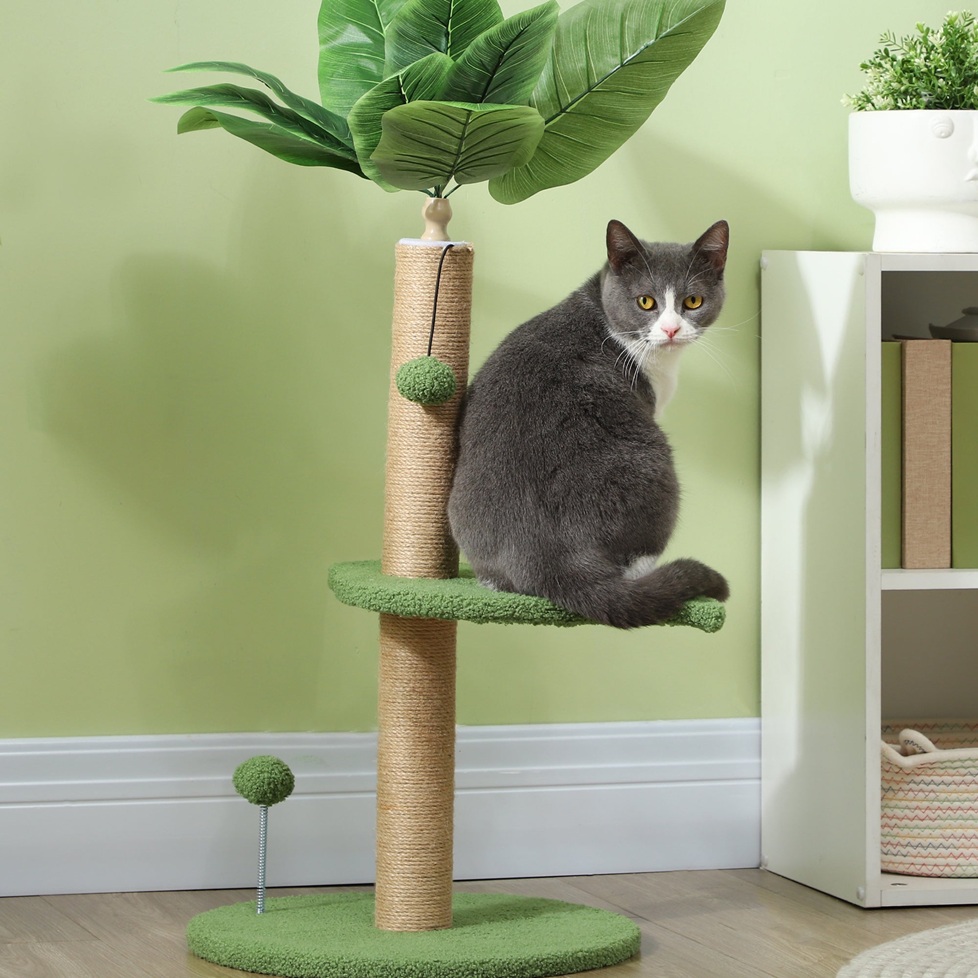 Cat Tree with Scratching Post, Platforms and Toy Balls, Plush and Chipboard Cat Tower, Ø40x83 cm, Green