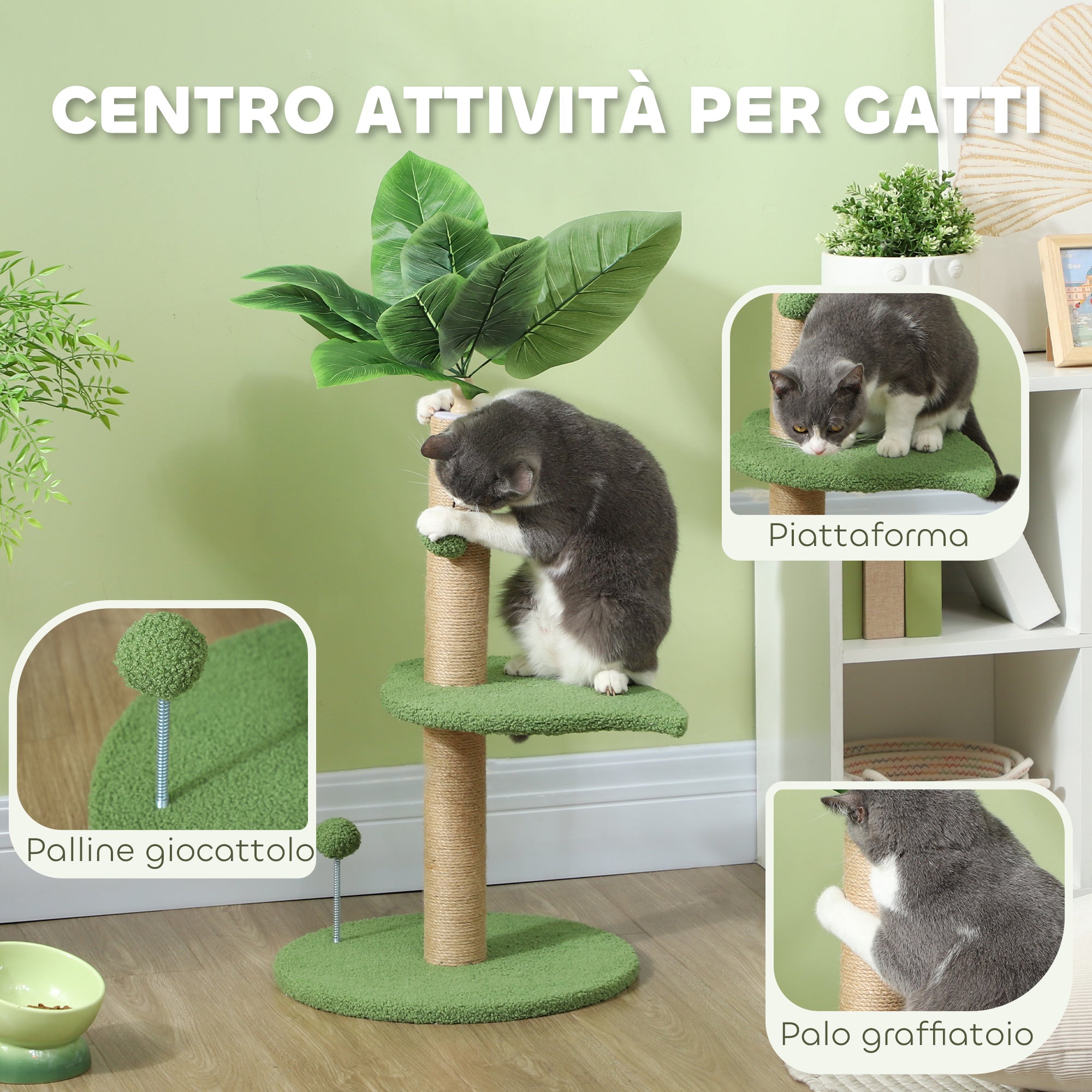 Cat Tree with Scratching Post, Platforms and Toy Balls, Plush and Chipboard Cat Tower, Ø40x83 cm, Green