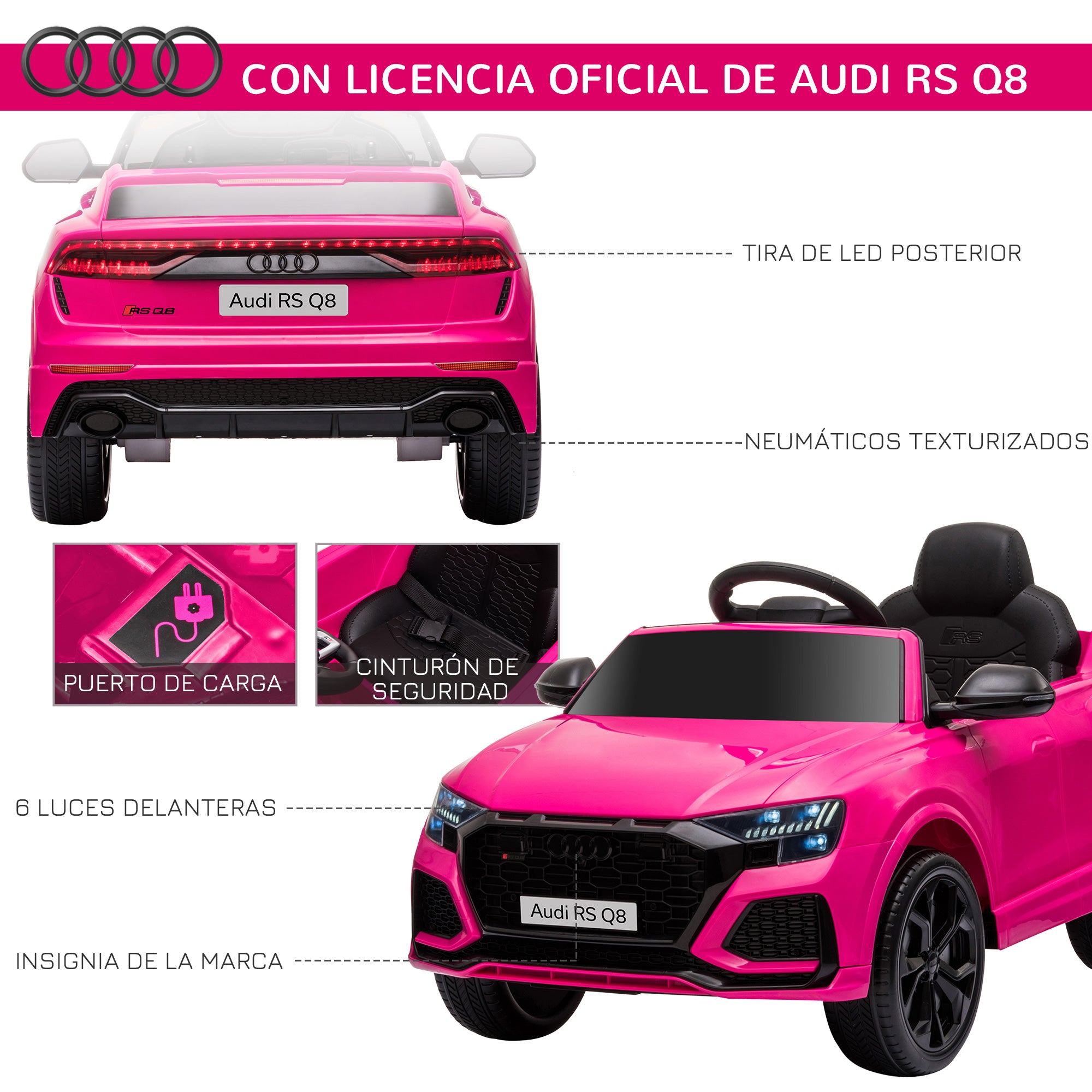 Kids Electric Car +3 Years Audi RS Q8 Licensed 6V Battery 2 Motors Remote Control MP3 Music Horn Lights Max Speed 3km/h 101x62x51 cm Pink