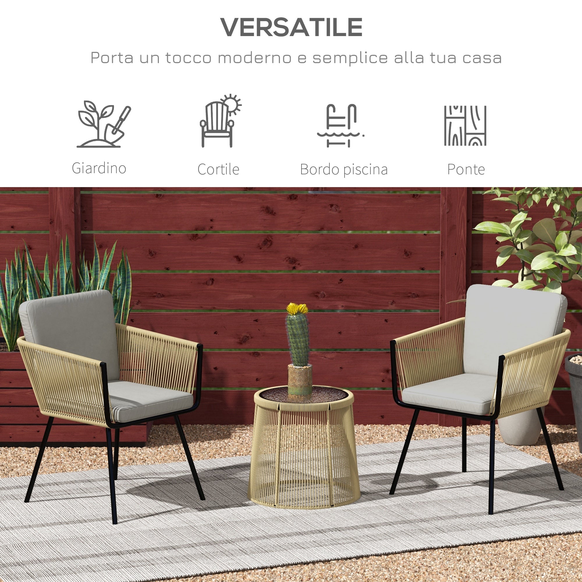 3-Piece PE Rattan and Steel Garden Set, Set of 2 Chairs with Washable Cushions, Armrests, Coffee Table with Glass Top, Balcony Patio Courtyard Furniture Set, Coffee/Light Gray