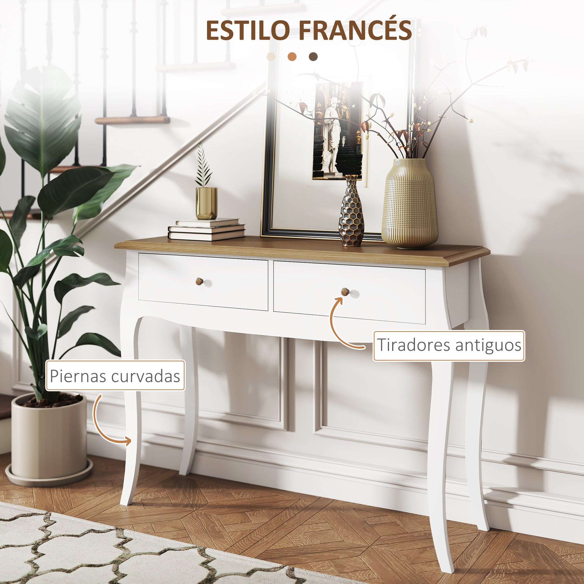 Console Table Entryway Table with 2 Drawers French Style for Hallway Bedroom Living Room 100x35x76.5 cm White and Dark Brown