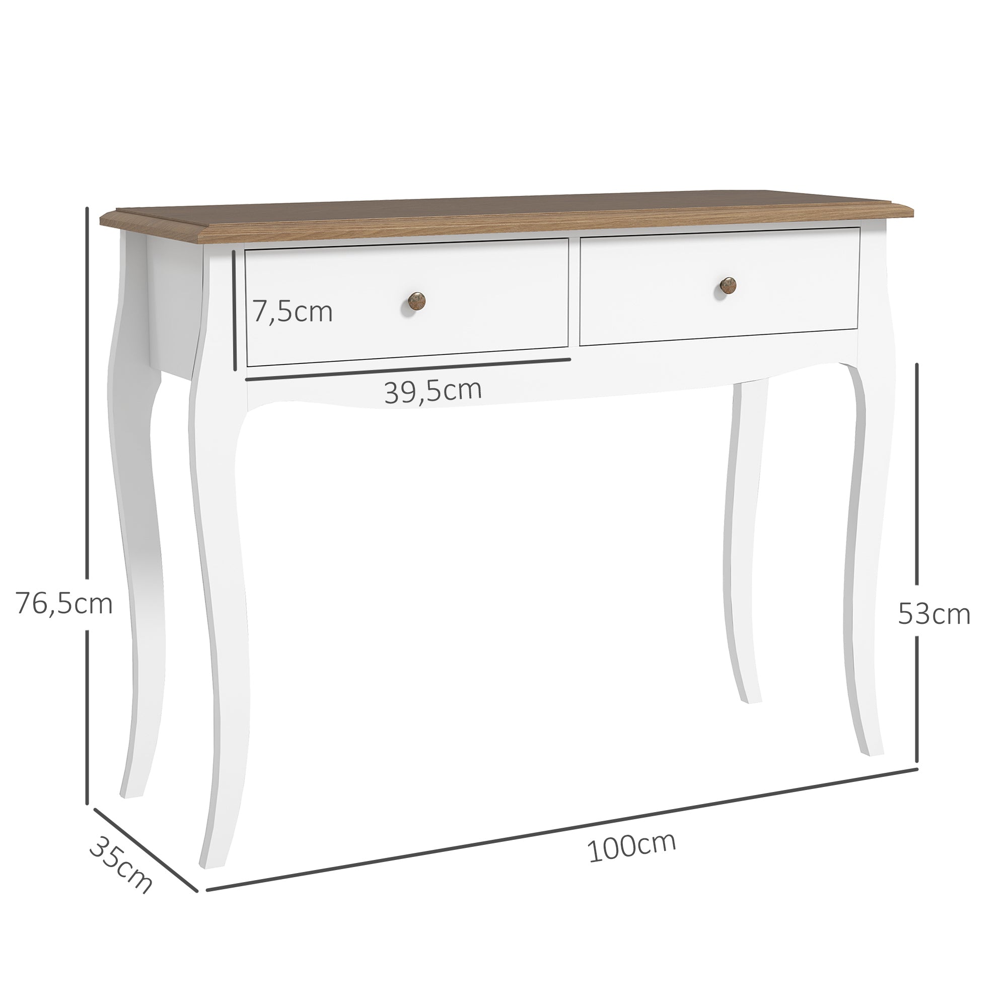 Console Table Entryway Table with 2 Drawers French Style for Hallway Bedroom Living Room 100x35x76.5 cm White and Dark Brown