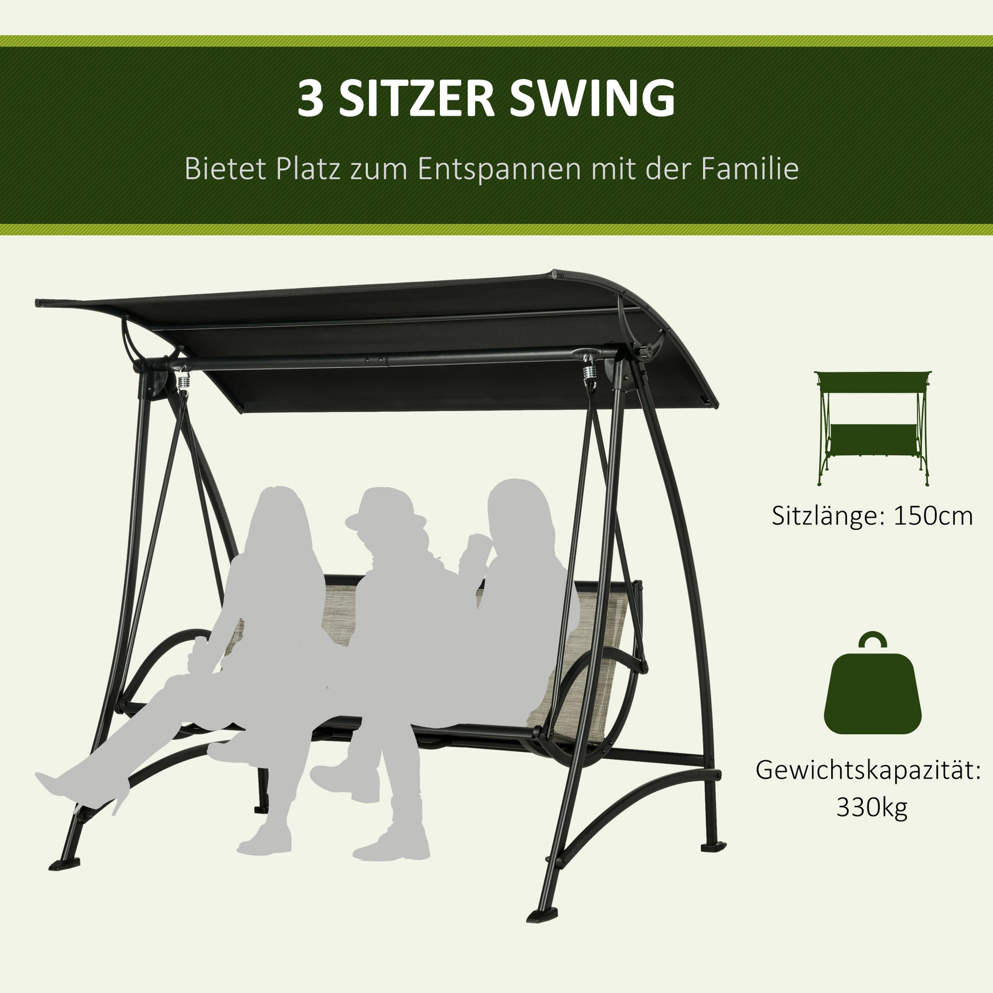 Hollywood Swing Bench 3-Seater, Garden Swing with Adjustable Sunshade, UV Protection, Swing Bench up to 330 kg Capacity, Textilene, for Garden, Terrace, Black