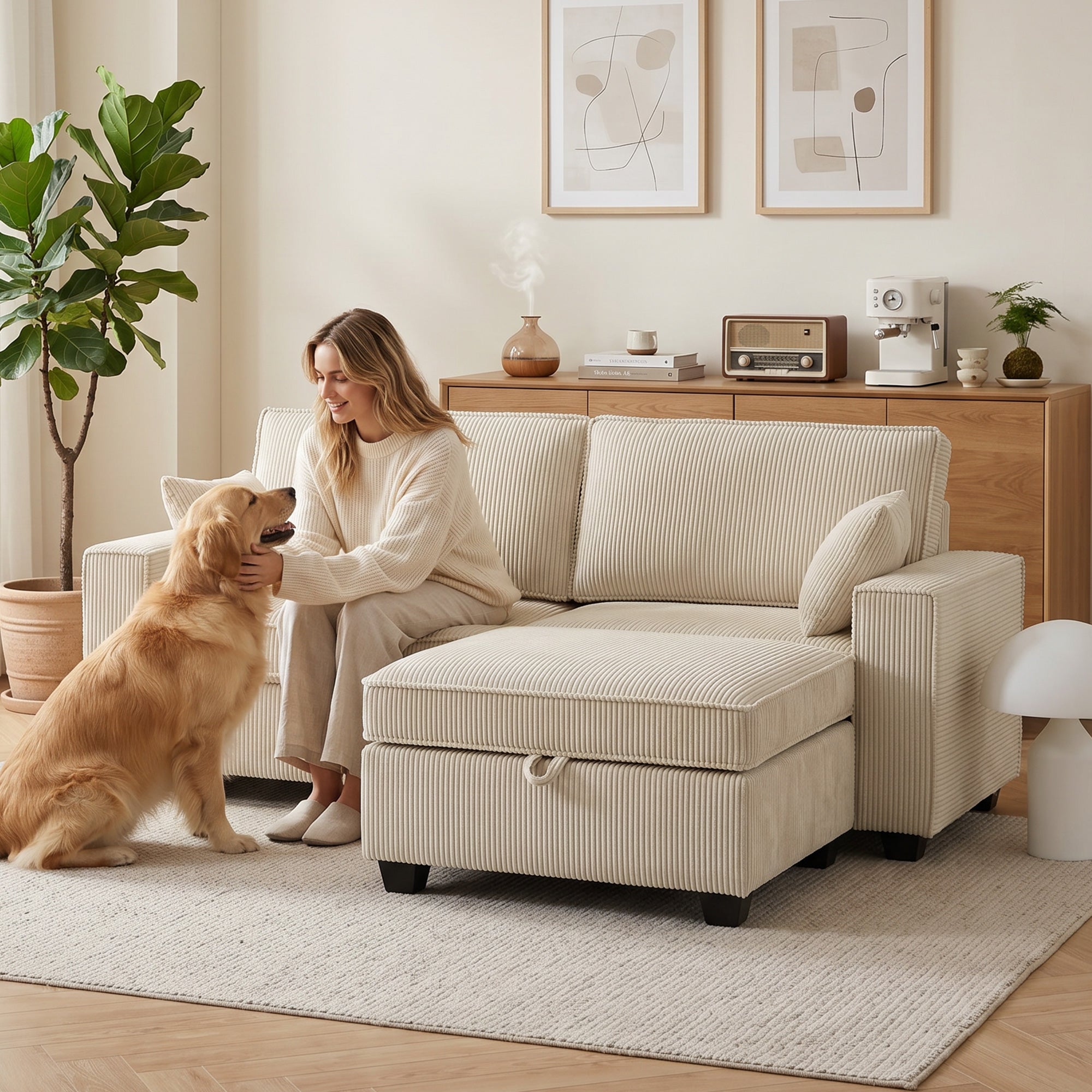 L-Shaped 3-Seater Corner Sofa with Storage Ottoman, Corduroy Upholstery, Wide Seating & 2 Cushions — Beige