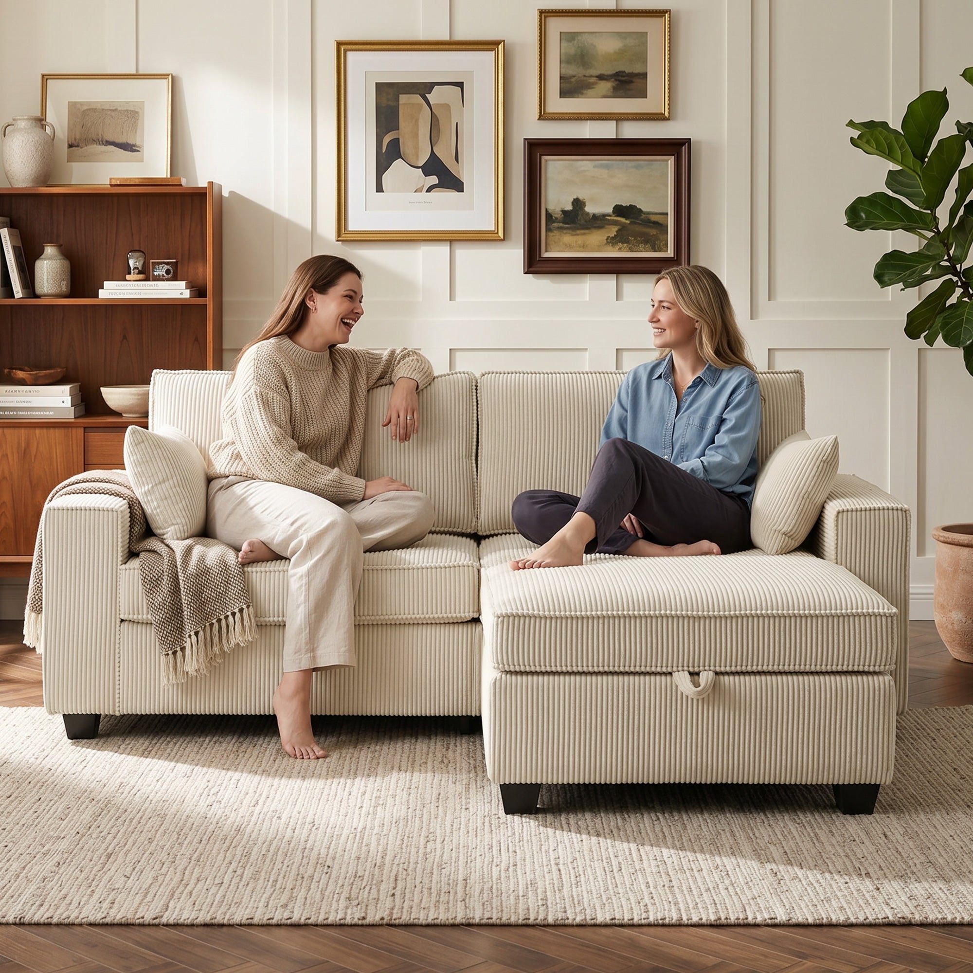 L-Shaped 3-Seater Corner Sofa with Storage Ottoman, Corduroy Upholstery, Wide Seating & 2 Cushions — Beige