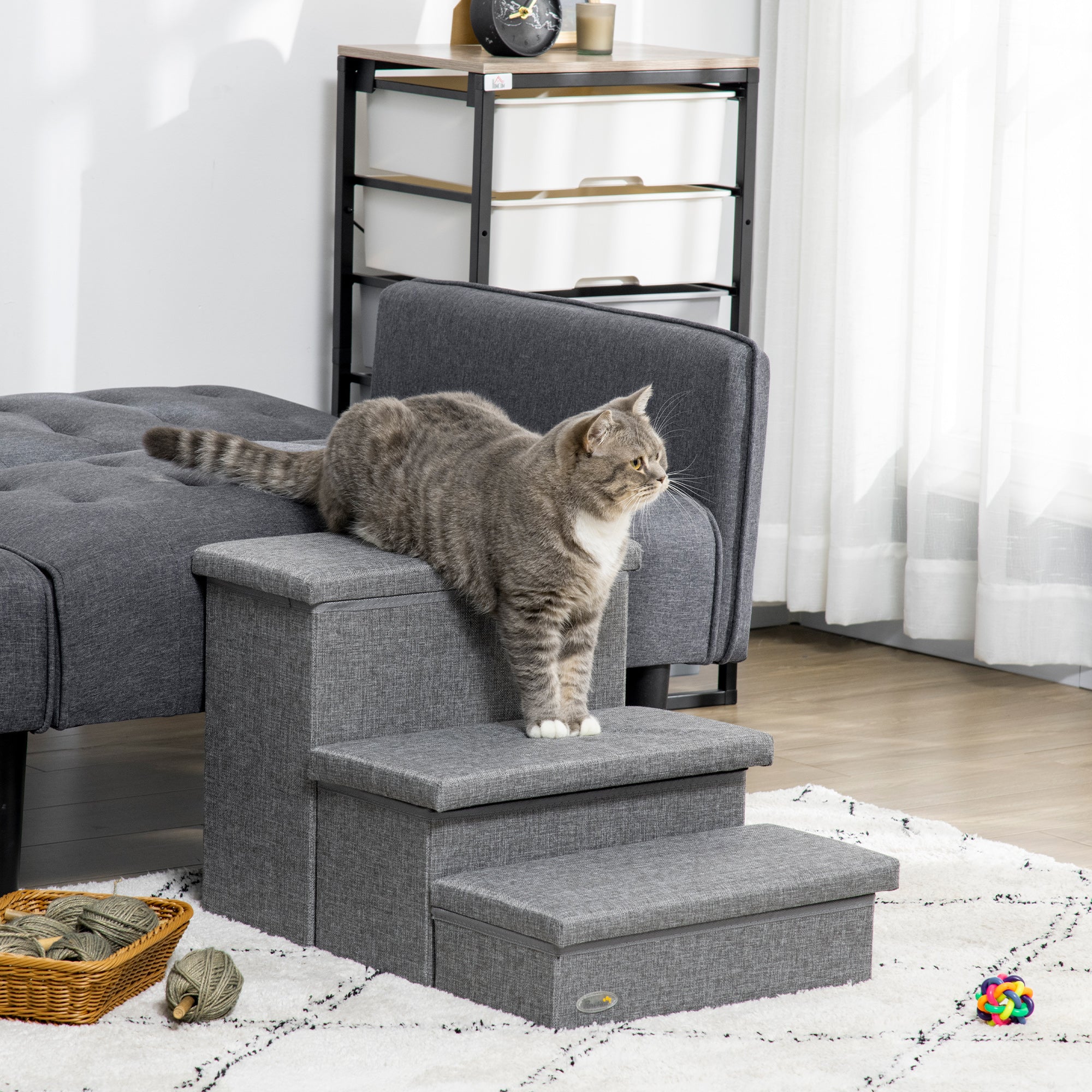 3-Step Pet Stairs for Dogs Cats with Openable Tops and Storage Space 63.5x42.5x40.5 cm Gray