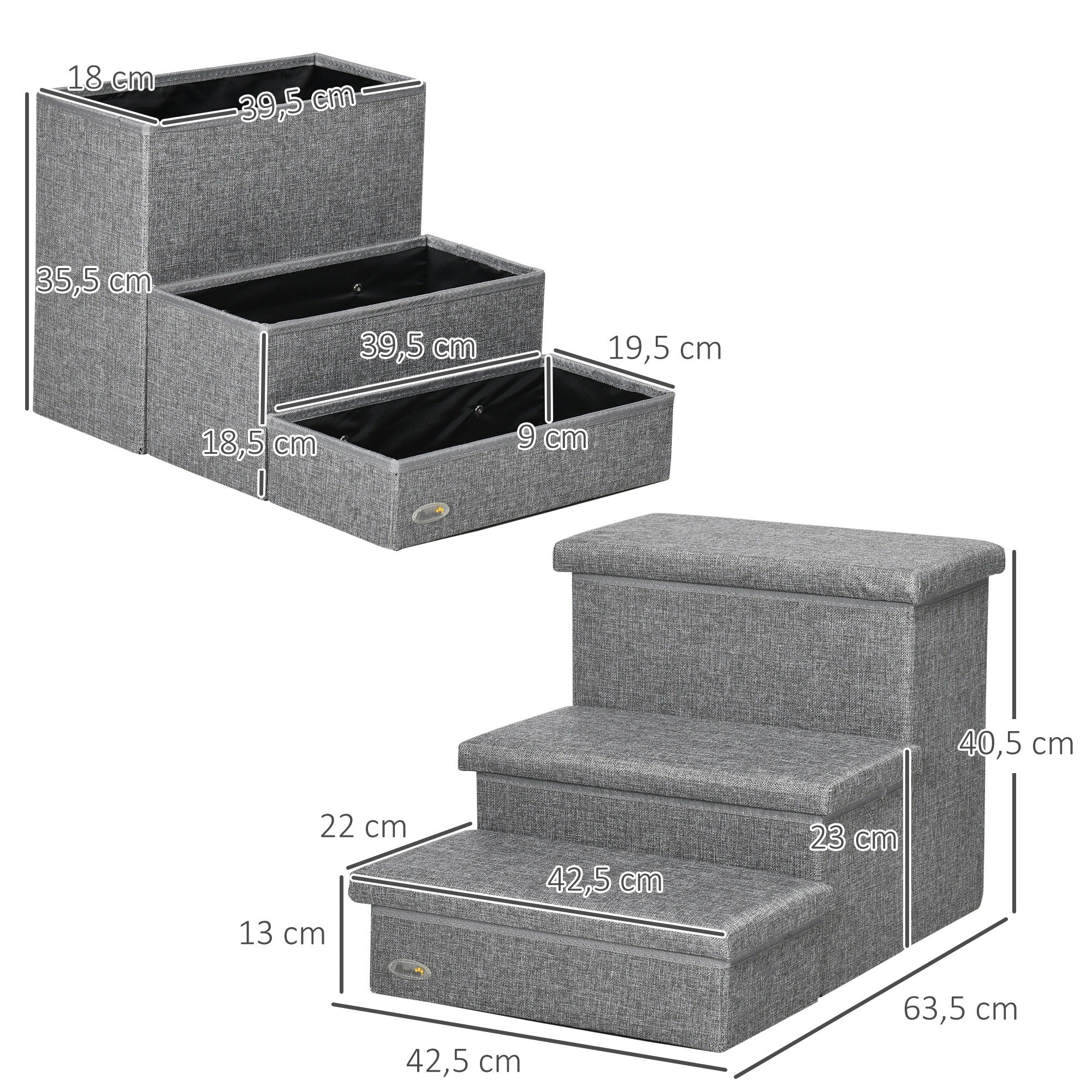3-Step Pet Stairs for Dogs Cats with Openable Tops and Storage Space 63.5x42.5x40.5 cm Gray