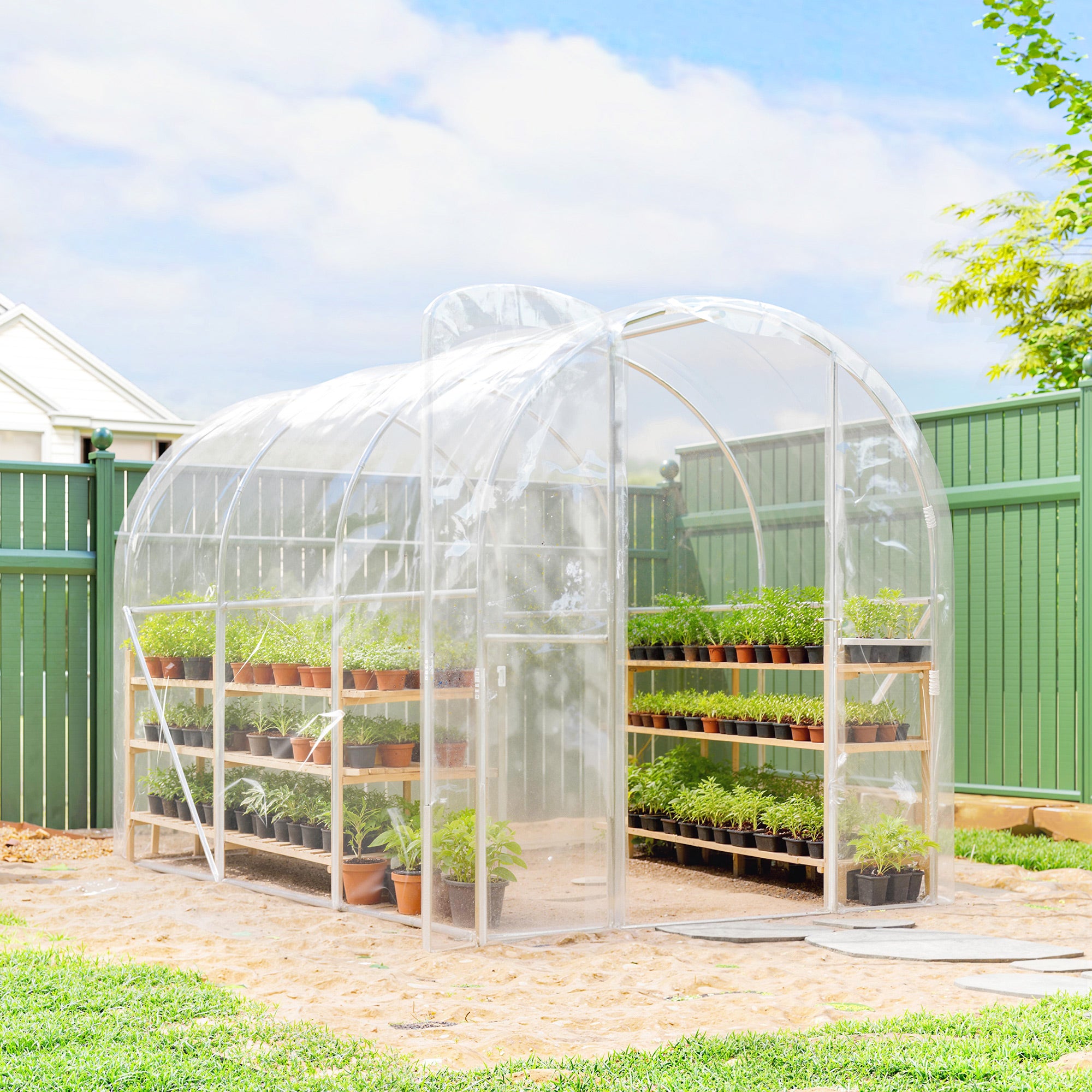 Tunnel Greenhouse 3 x 2 x 1.95 m (9.8 x 6.6 x 6.4 ft), 6 m² (64.6 sq ft), 150 g/m² UV PE Cover with Hinged Door — For Vegetables, Plants & Flowers