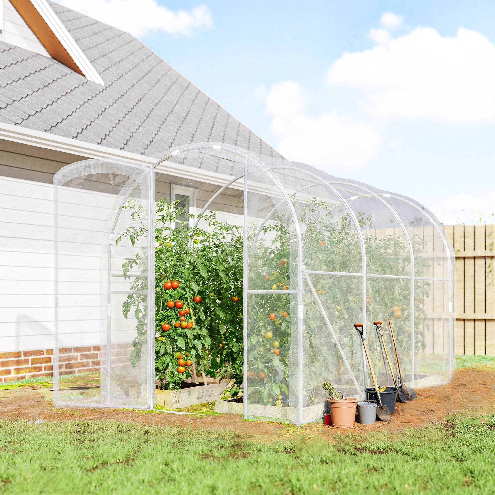 Tunnel Greenhouse 3 x 2 x 1.95 m (9.8 x 6.6 x 6.4 ft), 6 m² (64.6 sq ft), 150 g/m² UV PE Cover with Hinged Door — For Vegetables, Plants & Flowers