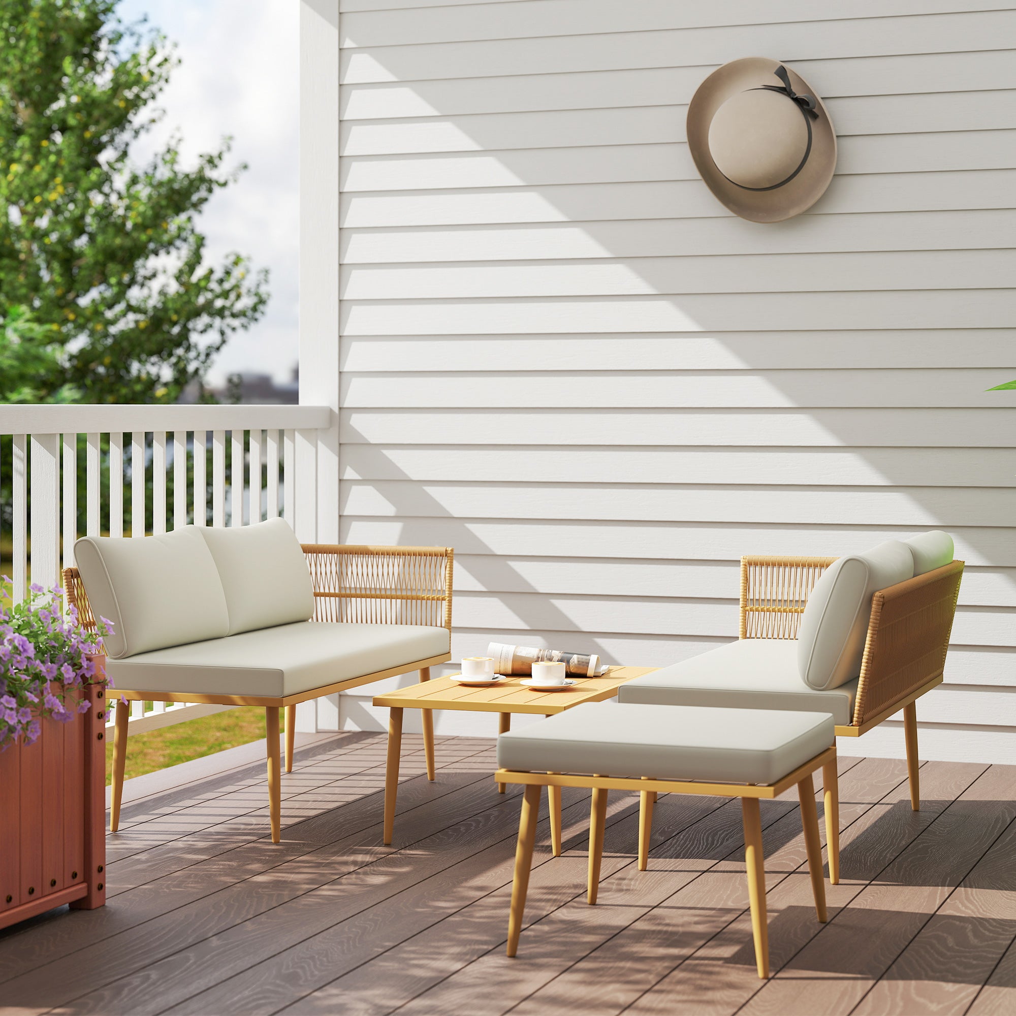 4-Piece Outdoor Synthetic Rattan Garden Set Garden Furniture Corner Sofa Includes 2 Two-seater Sofas 1 Footstool 1 Coffee Table with Natural Cushions