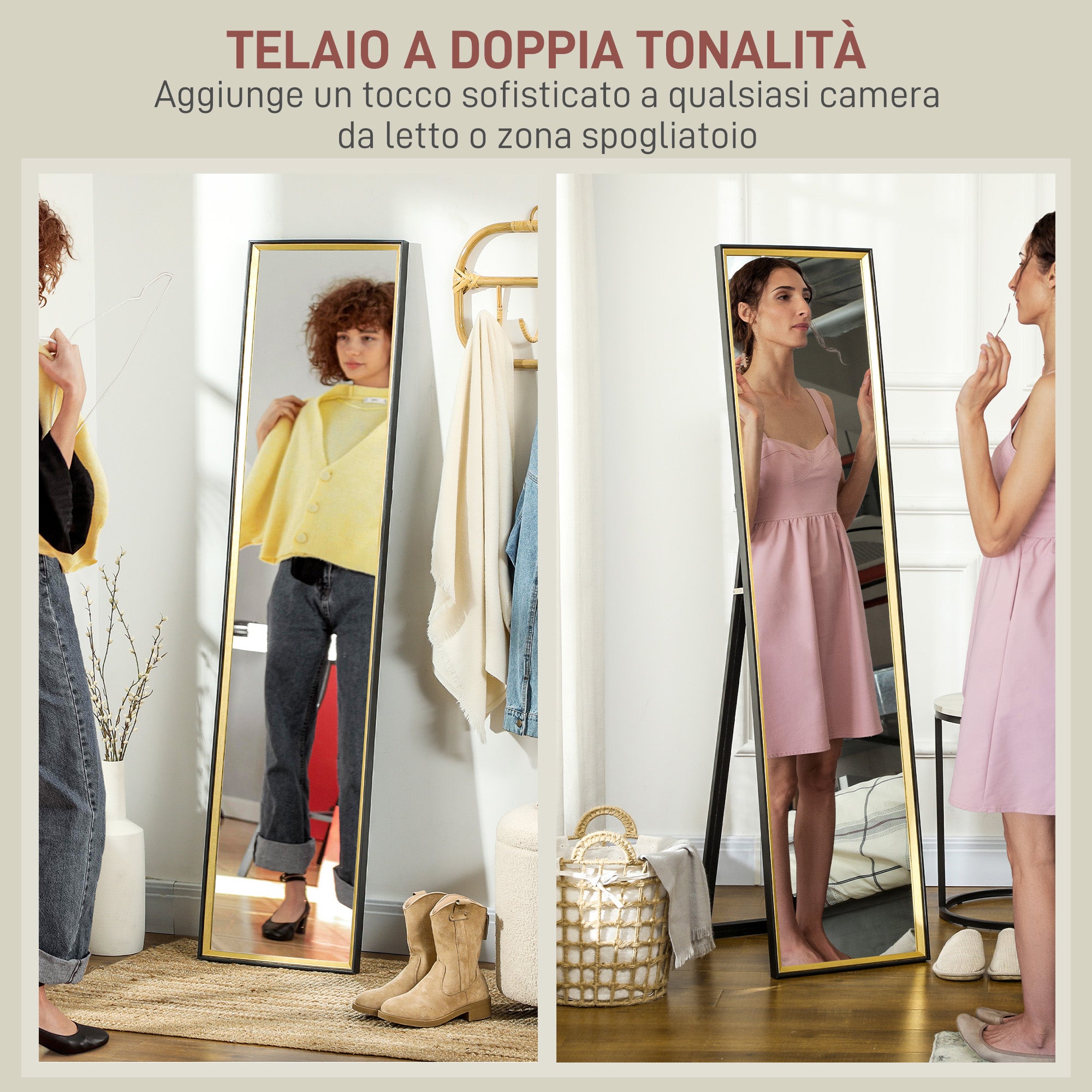 Full Length Floor Mirror with Rear Stand and MDF Glass Wall Mirror with Shatterproof Protective Film, 37x3x157 cm, Black and Gold