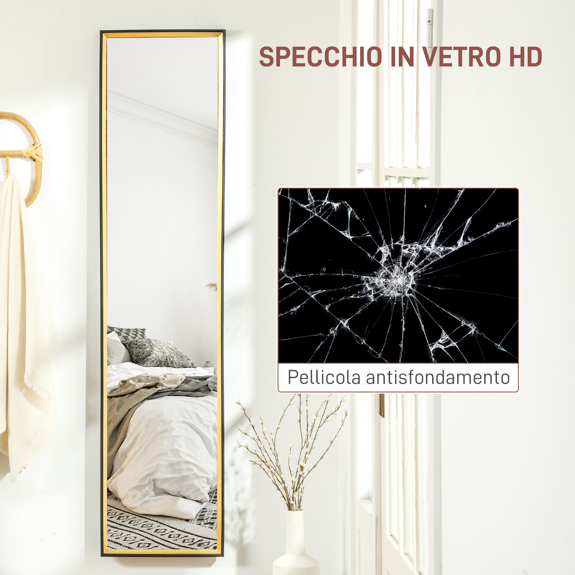 Full Length Floor Mirror with Rear Stand and MDF Glass Wall Mirror with Shatterproof Protective Film, 37x3x157 cm, Black and Gold