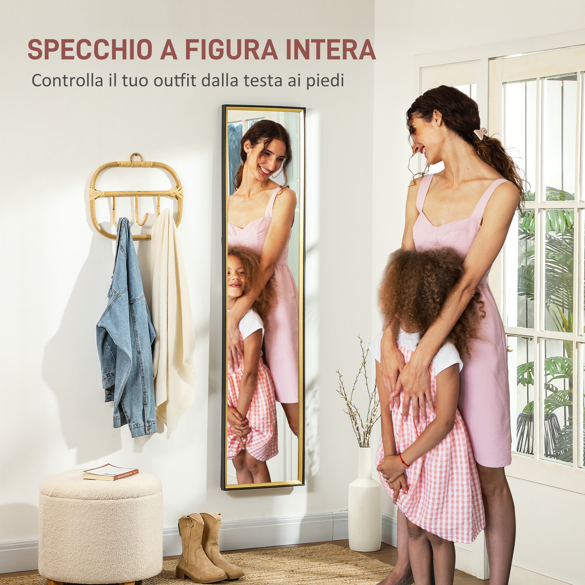 Full Length Floor Mirror with Rear Stand and MDF Glass Wall Mirror with Shatterproof Protective Film, 37x3x157 cm, Black and Gold