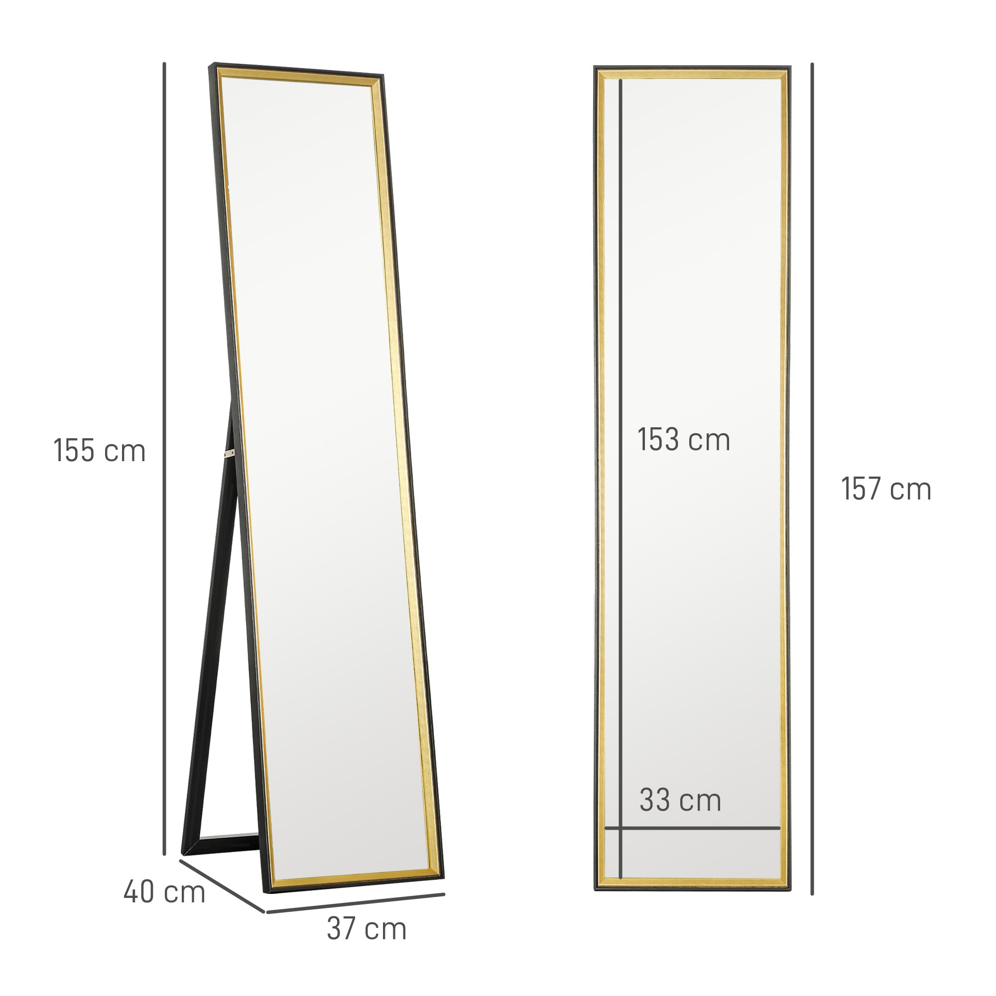 Full Length Floor Mirror with Rear Stand and MDF Glass Wall Mirror with Shatterproof Protective Film, 37x3x157 cm, Black and Gold