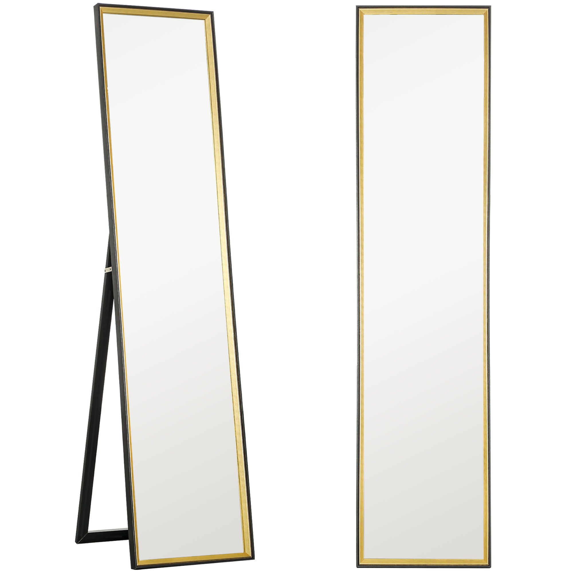 Full Length Floor Mirror with Rear Stand and MDF Glass Wall Mirror with Shatterproof Protective Film, 37x3x157 cm, Black and Gold