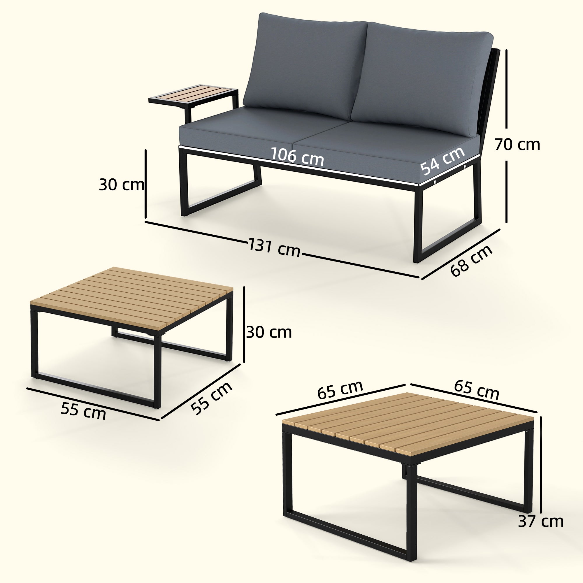 L-Shaped 4-Piece Outdoor Patio Sofa Set for 4 — Two 2-Seater Sectionals with Cushions & 2 Nesting Tables, Teak