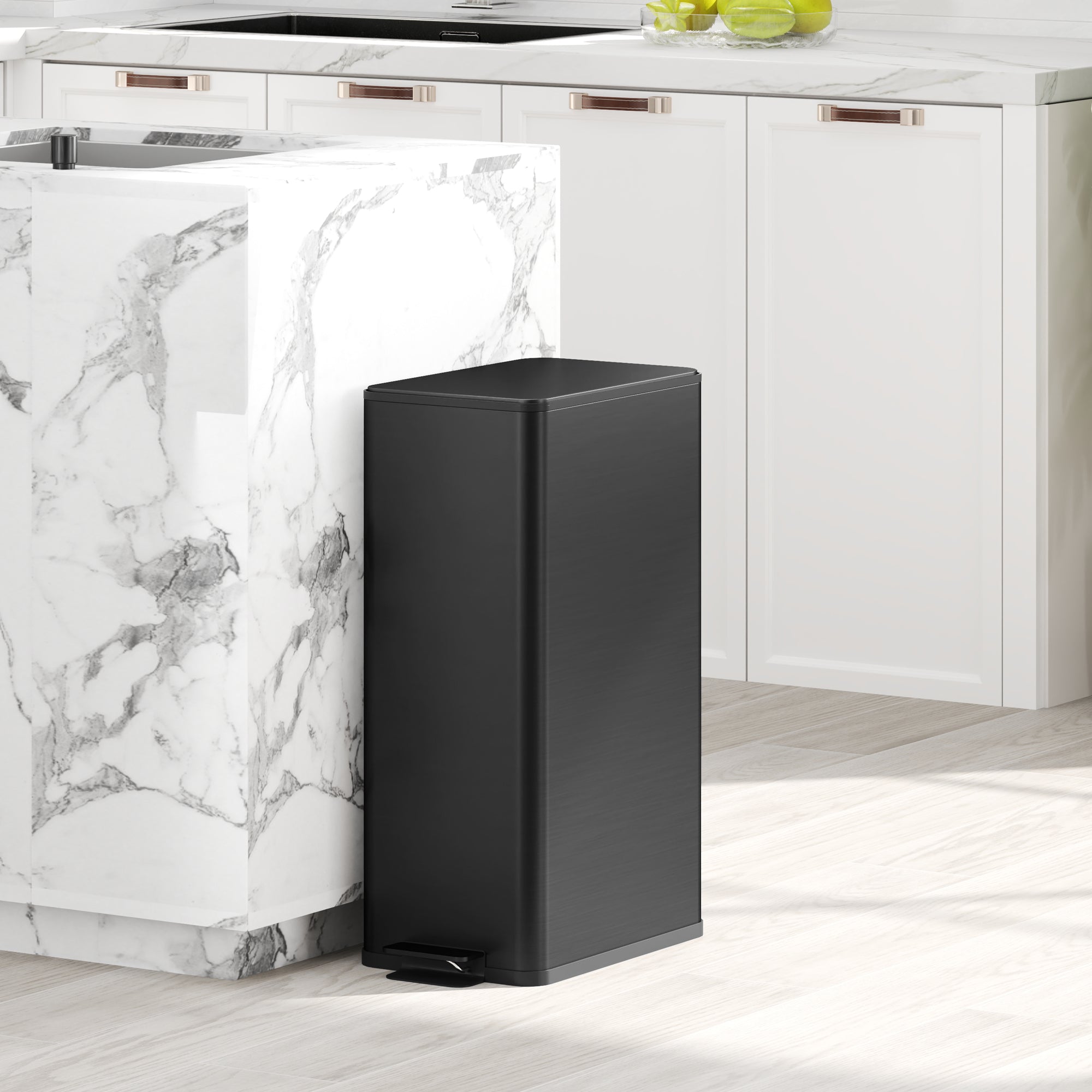 20 L (5.3 gal) Step Trash Can with Soft-Close Lid and Pedal, Includes Removable Inner Bucket — Stainless Steel, Black, 21.5 x 37.2 x 57 cm (8.5 x 14.6 x 22.4 in)