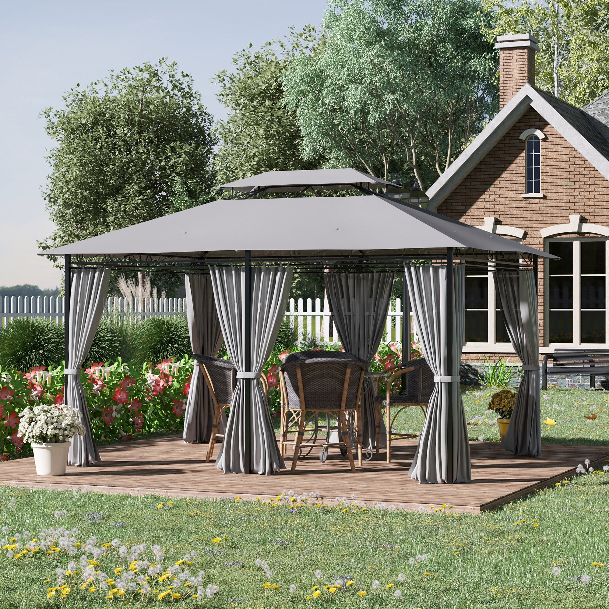 Pavilion 3x4m Garden Gazebo with 6 Sidewalls Party Tent Canopy with Double Roof Dark Grey