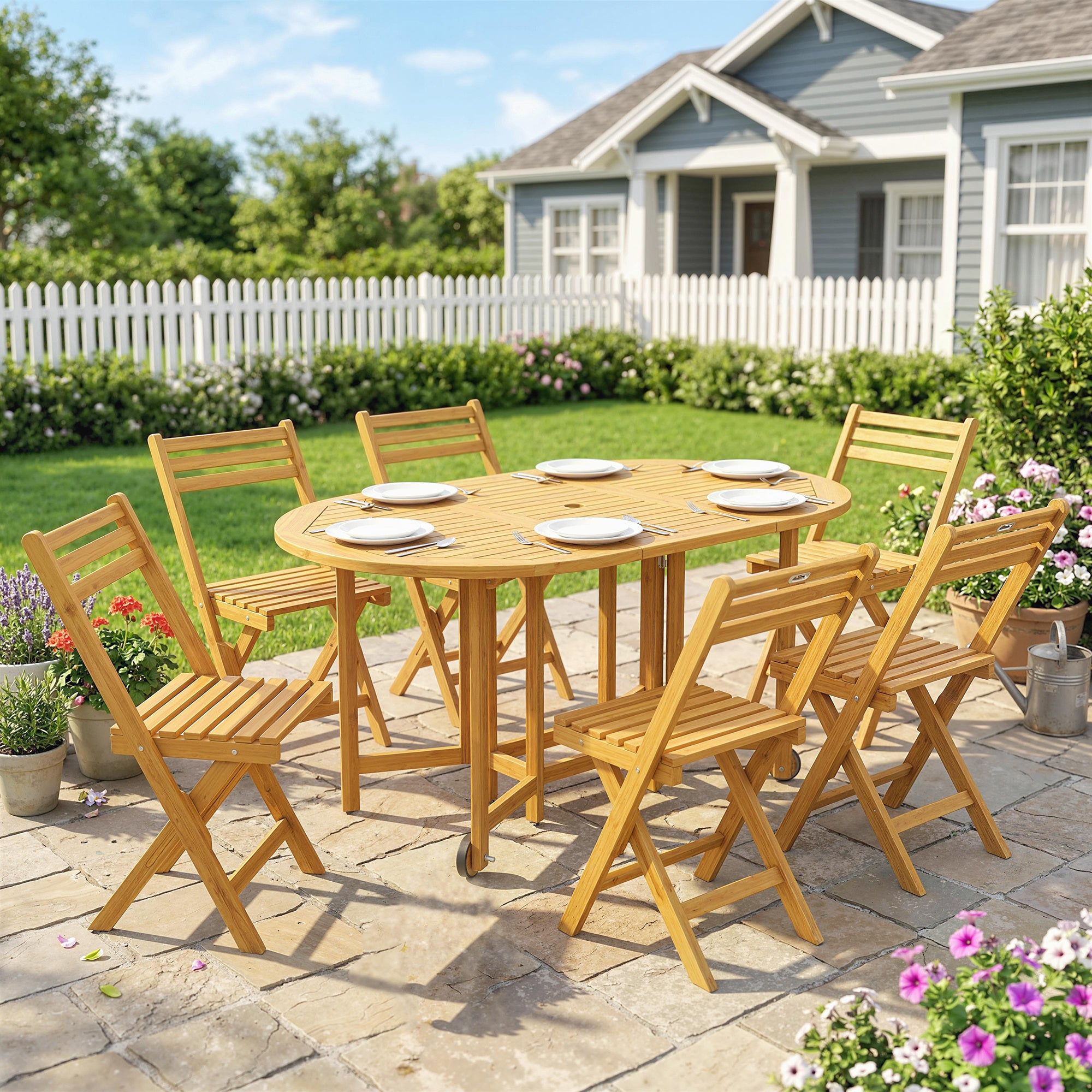 7-Piece FSC Acacia Outdoor Dining Set — Extendable Table & 6 Folding Chairs, Weather-Resistant, Natural Finish, Umbrella Hole