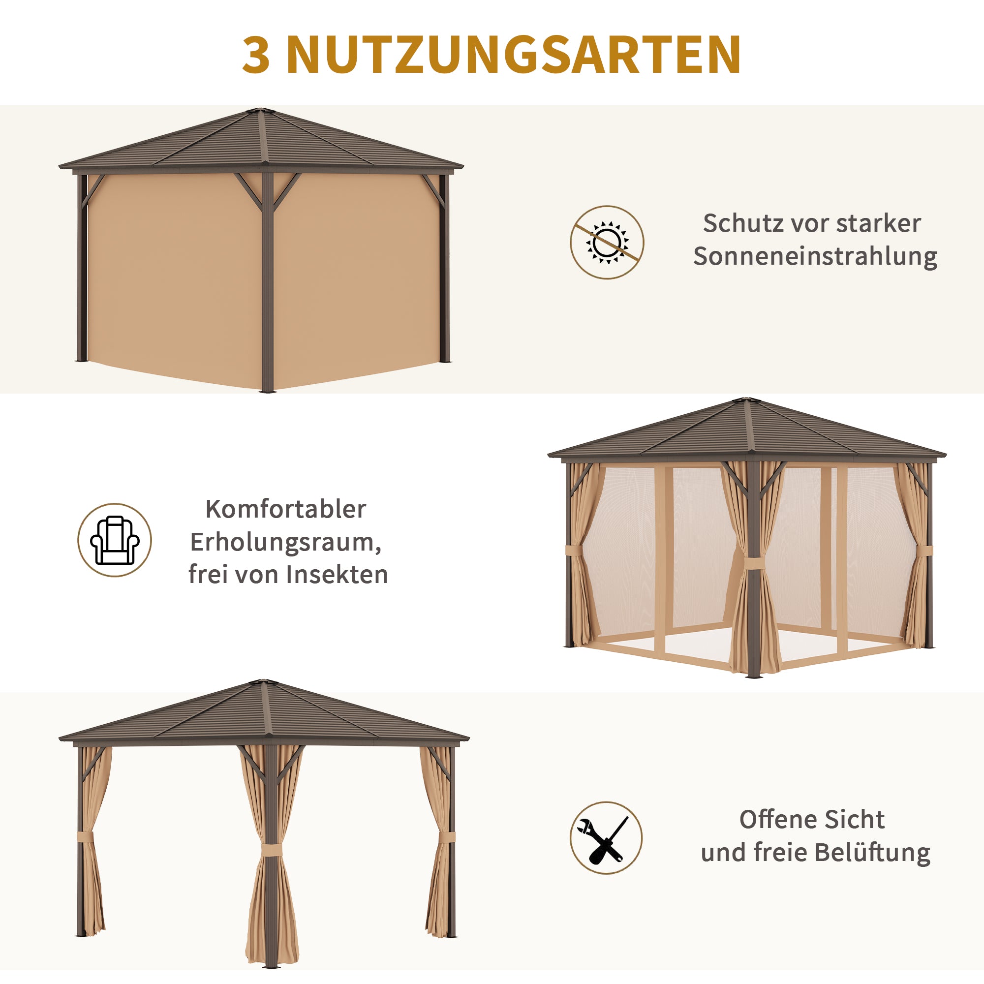 Garden Pavilion Party Tent Hardtop Pavilion Terrace Pavilion 4 x Double Side Walls Lantern Hook Alu + Polyester Bronze + Light Brown approx. 3 x 3 x 2.5 m
