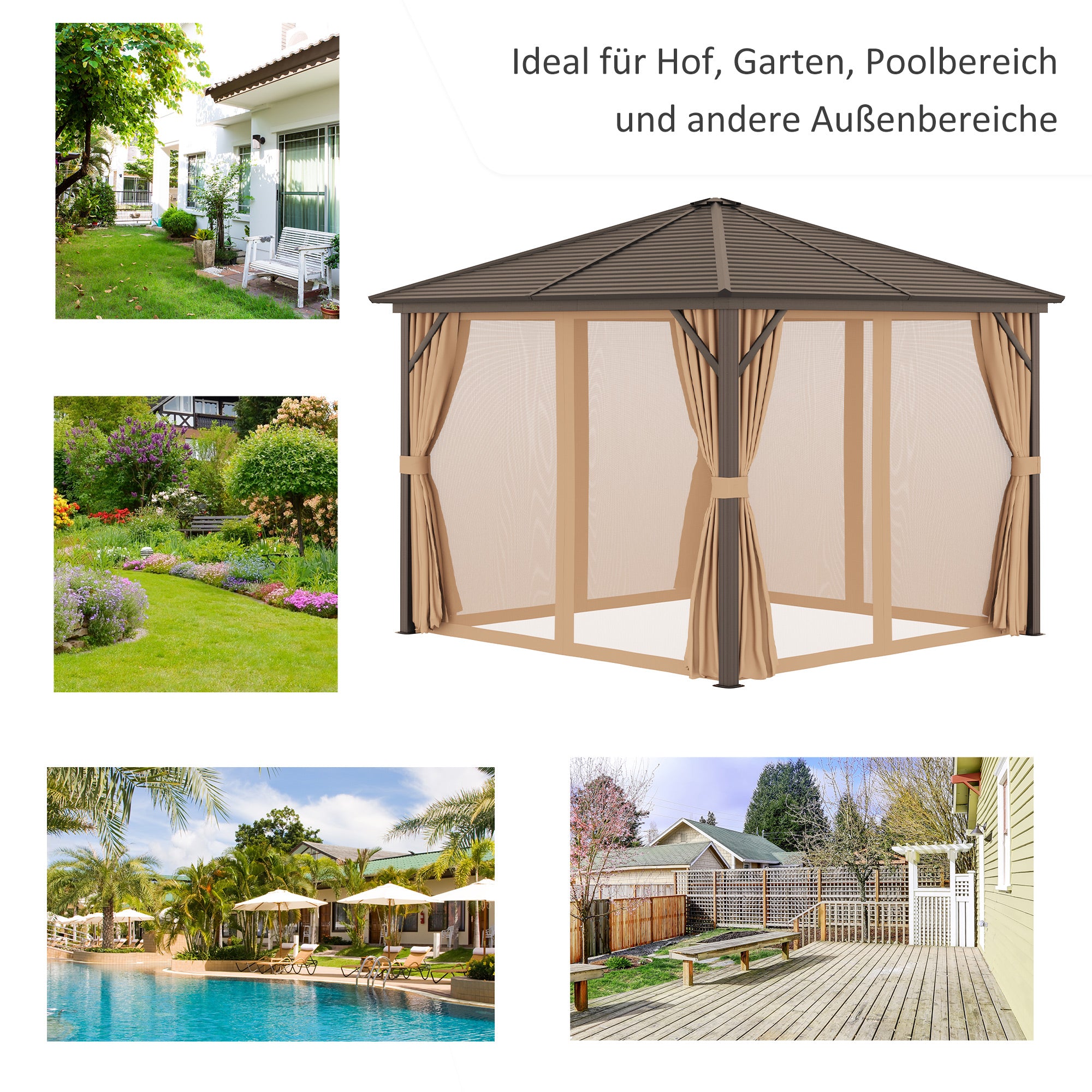Garden Pavilion Party Tent Hardtop Pavilion Terrace Pavilion 4 x Double Side Walls Lantern Hook Alu + Polyester Bronze + Light Brown approx. 3 x 3 x 2.5 m
