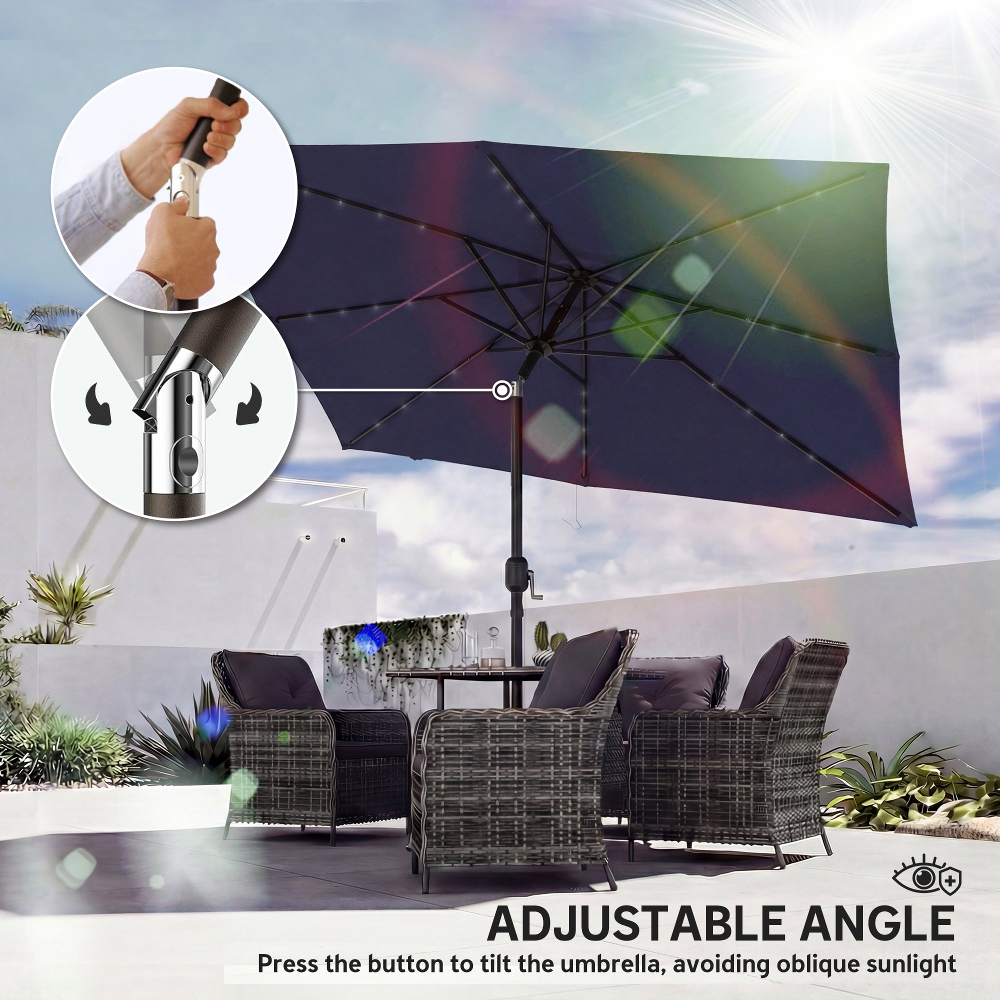 9.5' x 8.2' Outdoor Patio Umbrella – 24 Solar LED Lights, Crank & Tilt Canopy, Metal Pole, Dark Blue