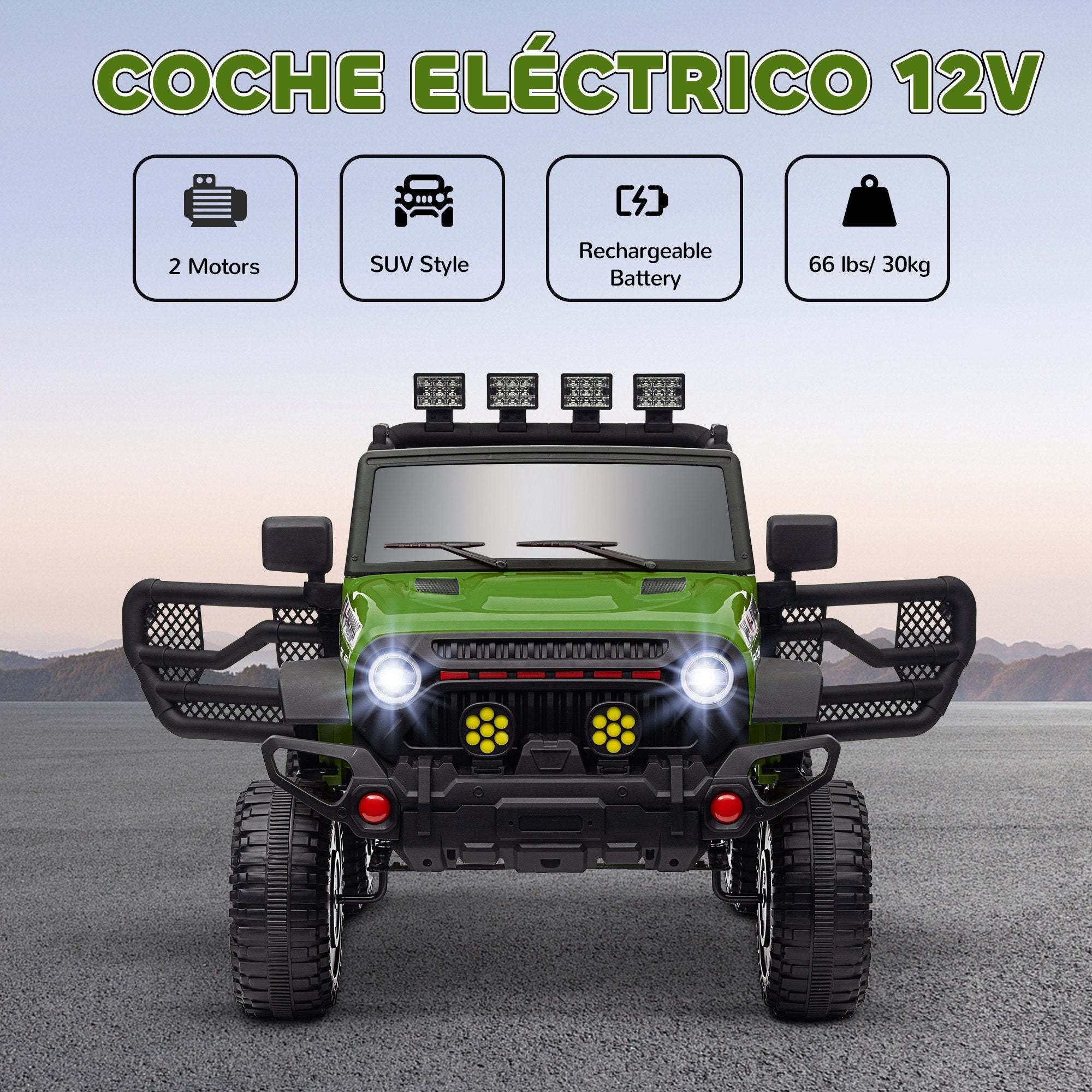 Electric Car for Kids 3+ Years Children's Electric Off-Road Vehicle 12V Battery with Remote Control Shock Absorbing Wheels Bluetooth LED Headlights Horn Music Green