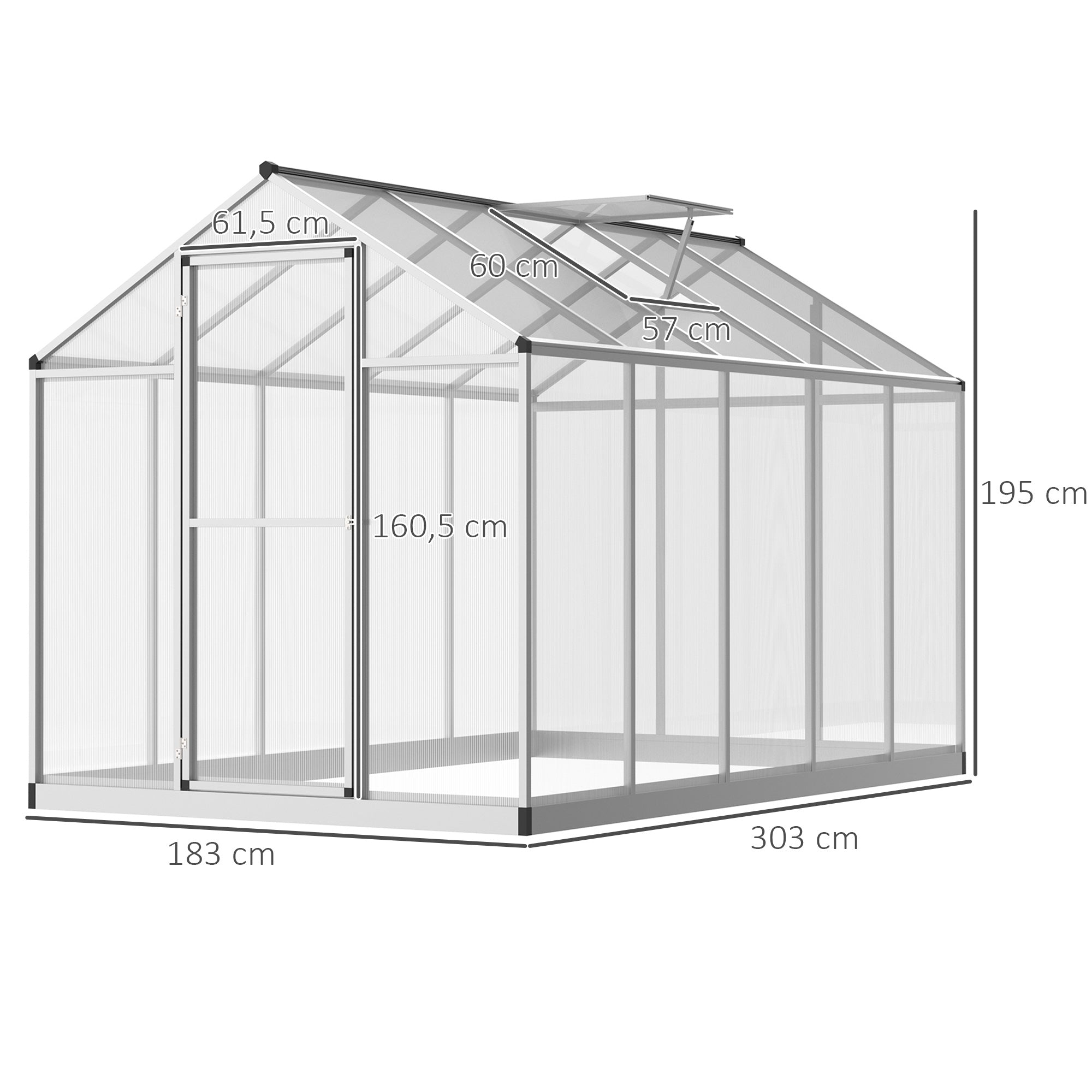 Garden Greenhouse 3 x 2 m Aluminum Polycarbonate 5.5m² Foundation Ventilation Window Latch Door