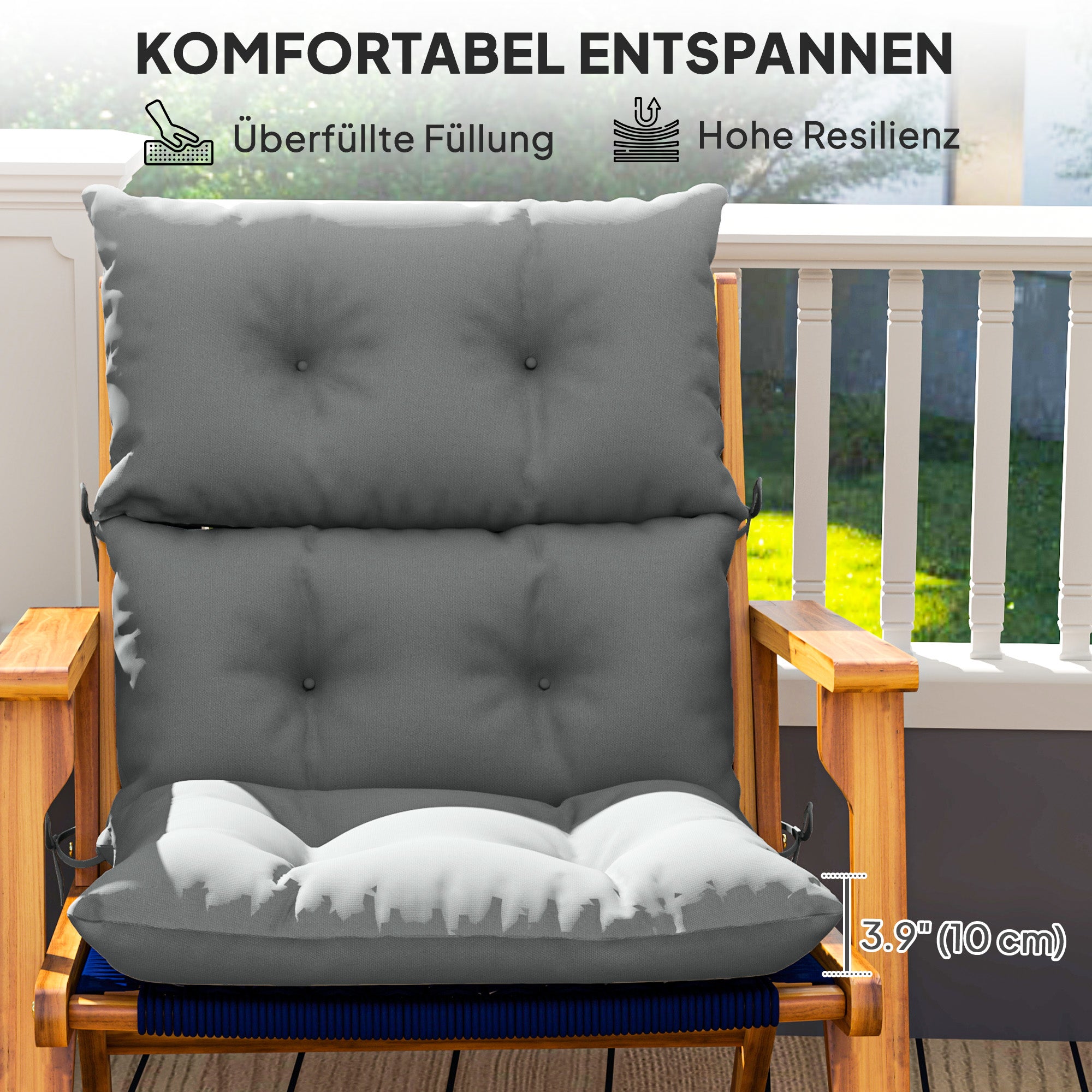 Seat Cushion, 115x56 cm Chair Cushion with Tie Straps, Backrest, 10cm Thick Padding, Water-Resistant Seat Pad for Home, Garden, Office, Chairs, Light Grey