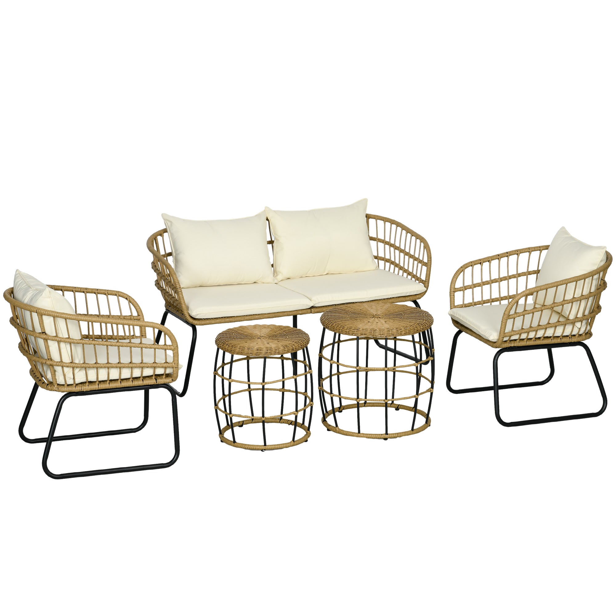 5 pcs Rattan Garden Furniture Set, Seating Group with Cushions, Garden Set with 2 Coffee Tables, 2 Armchairs, 1 Loveseat Sofa, Seating Set for Garden, Terrace, Steel, Beige