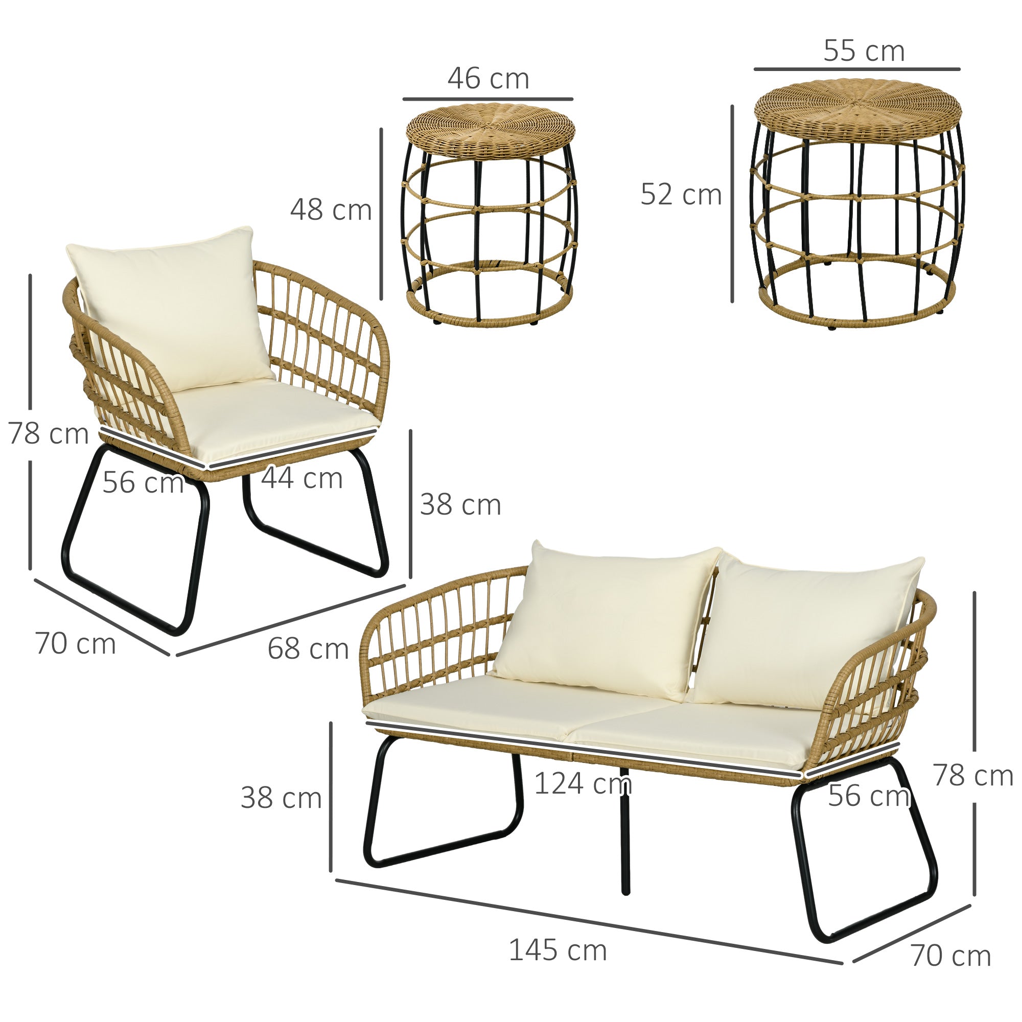 5 pcs Rattan Garden Furniture Set, Seating Group with Cushions, Garden Set with 2 Coffee Tables, 2 Armchairs, 1 Loveseat Sofa, Seating Set for Garden, Terrace, Steel, Beige