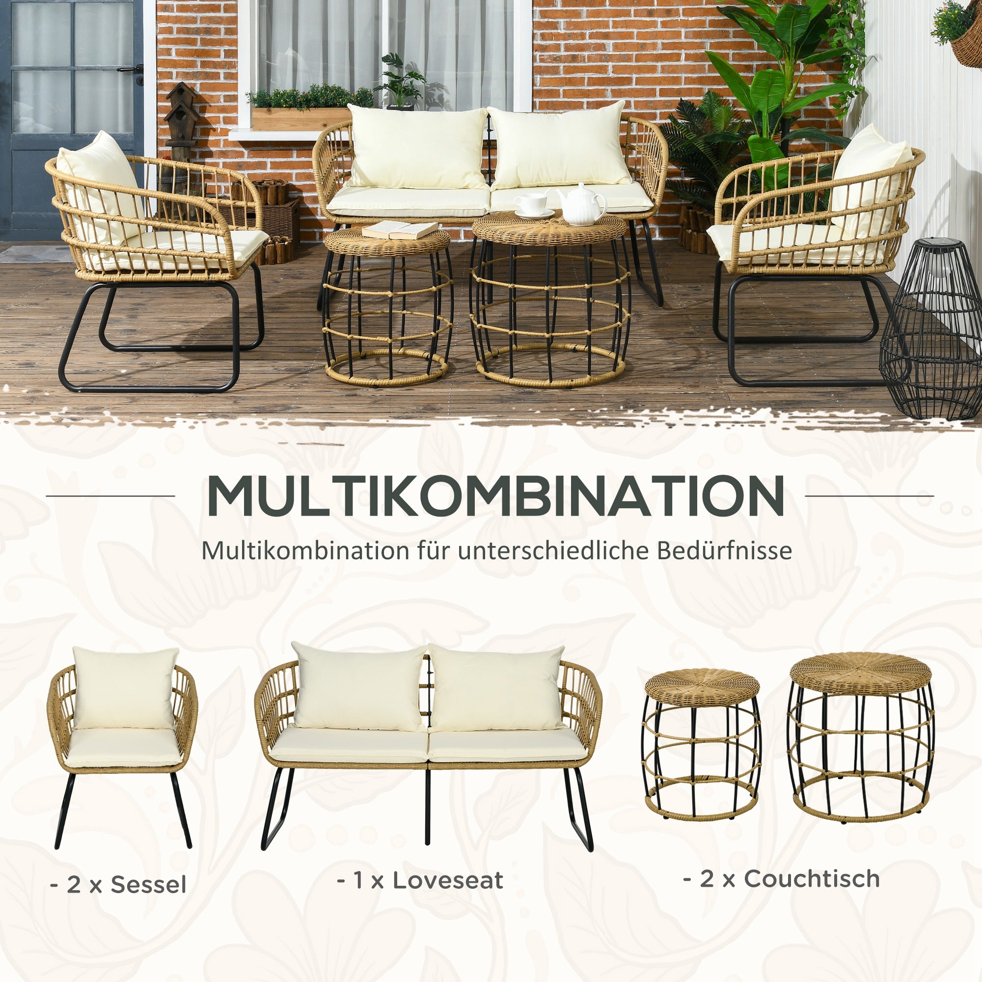 5 pcs Rattan Garden Furniture Set, Seating Group with Cushions, Garden Set with 2 Coffee Tables, 2 Armchairs, 1 Loveseat Sofa, Seating Set for Garden, Terrace, Steel, Beige