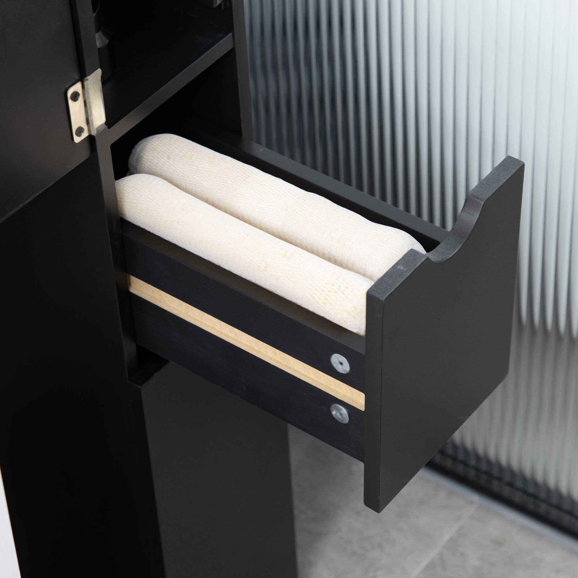 Bathroom Cabinet, space-saving wooden bathroom cabinet with shelves and drawers, 15x33x136 cm, Black